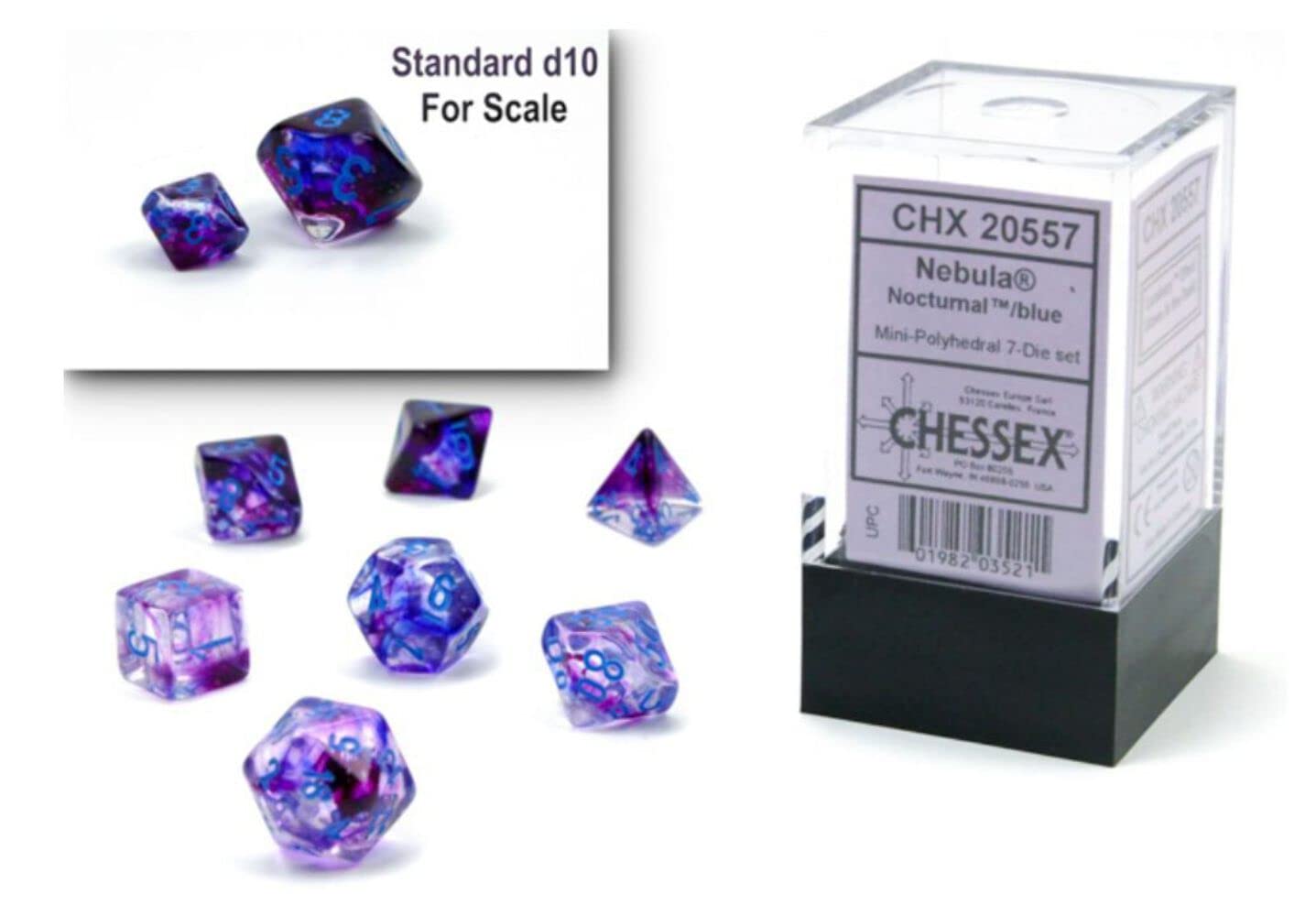 Chessex Polyhedral Dice Set - 10mm Nebula Nocturnal Blue Luminary RPG Dice for Dungeons & Dragons, D&D, DND, TTRPG - 7-Piece Set with D4, D6, D8, D10, D12, D20, D% (CHX20557) - Perfect for Tabletop Gaming, Role-Playing Adventures & Collectors