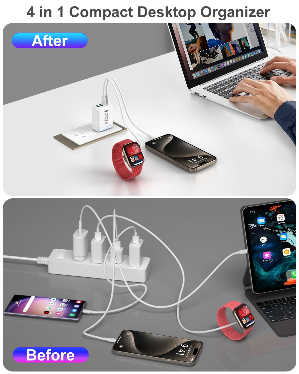 OKRAY 2-Pack 40W 4-Port USB C Fast Charger Block with PD3.0 & QC3.0 - Multi Port Wall Charger for iPhone 16/15 Pro Max/Plus/14/13/12/11/XR, iPad Mini, iWatch 9/SE - Perfect for Home, Office & Travel Charging Needs