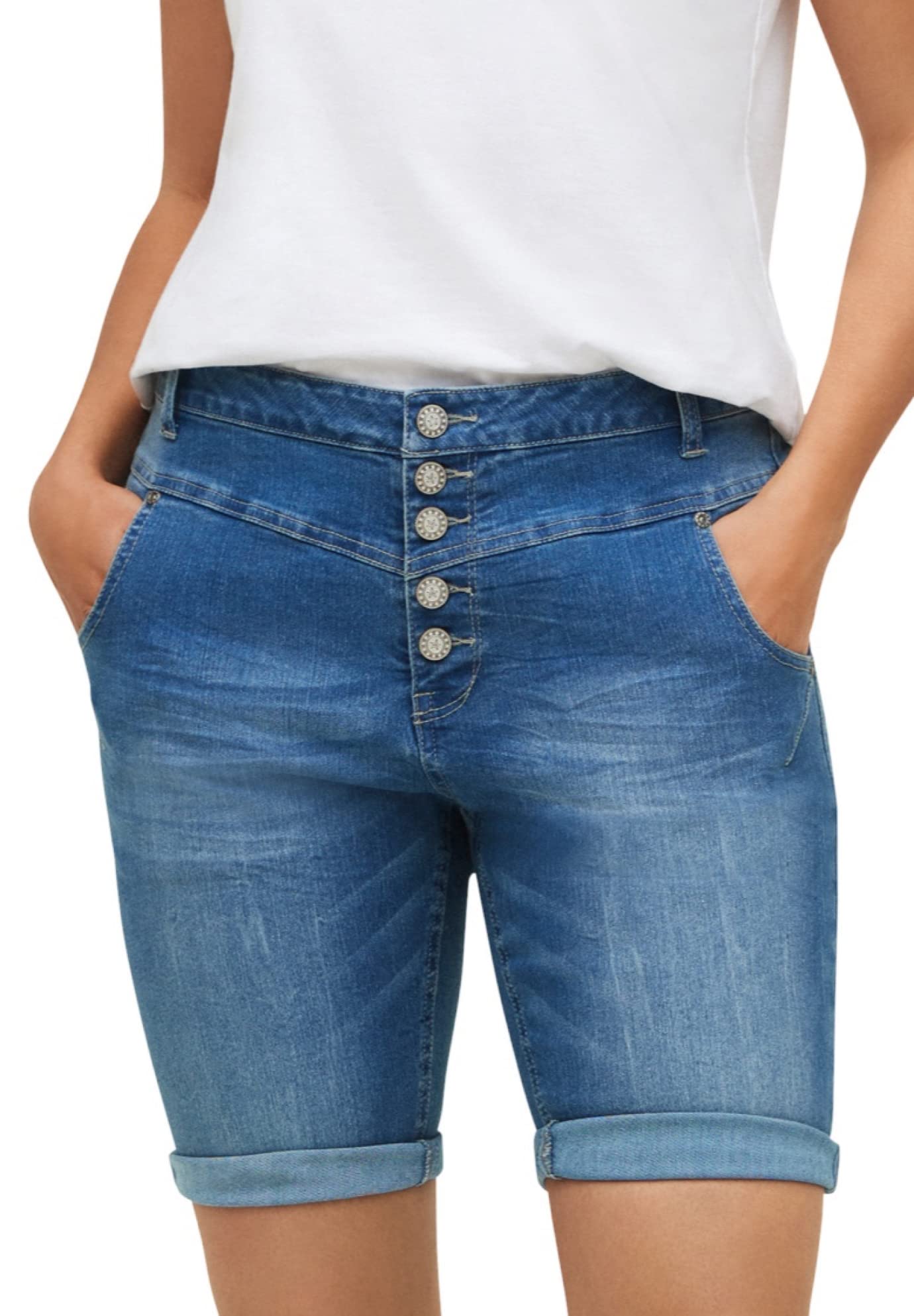 Ellos Women's Plus Size Button-Front Denim Shorts | High Waisted Distressed Denim Shorts for Women | Casual Summer Outfit & Beachwear