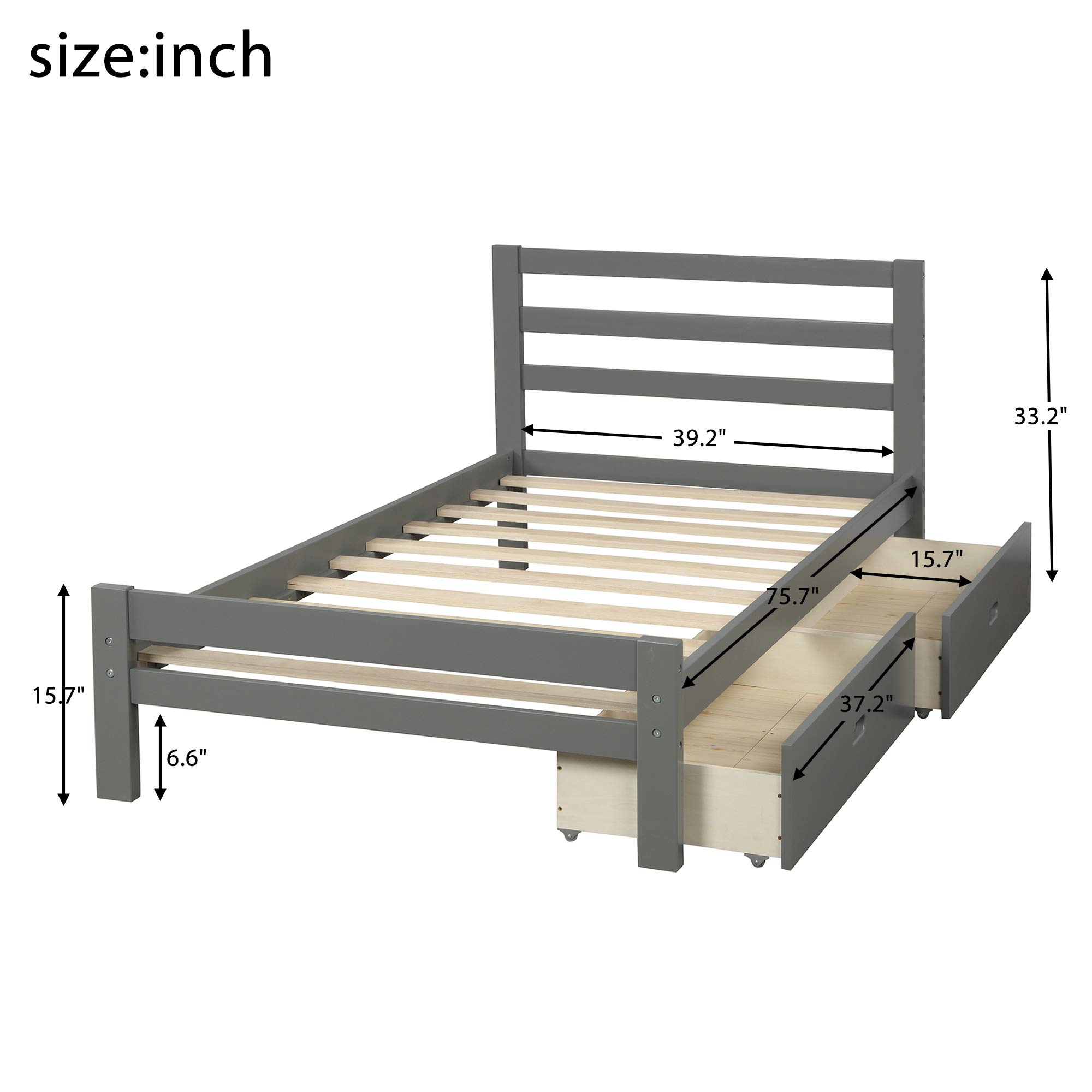 LZ LEISURE ZONE Twin Size Wooden Platform Bed Frame with 2 Storage Drawers & Wood Slats - No Box Spring Required, Grey - Perfect for Small Bedrooms, Guest Rooms & Dormitories