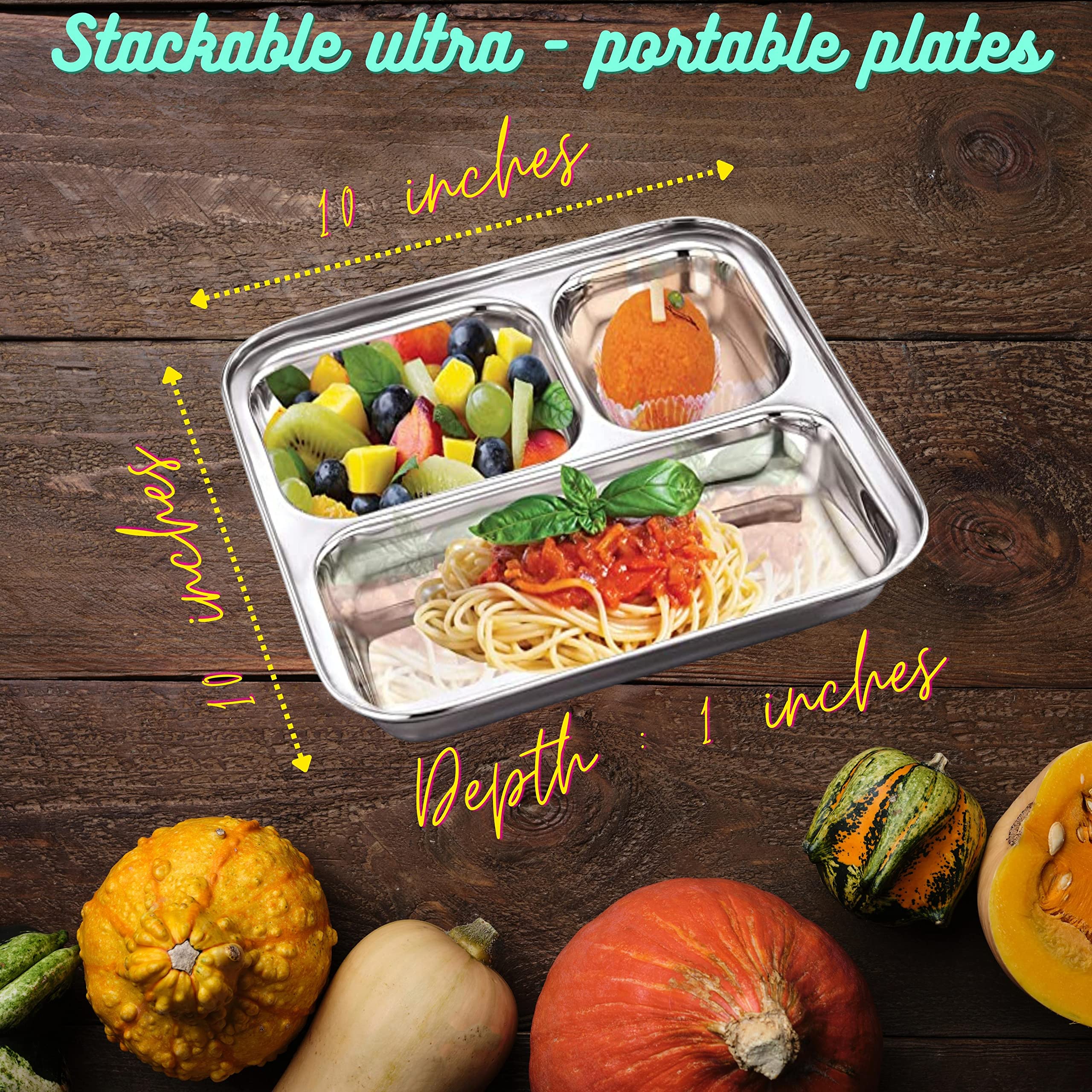 Stainless Steel Kids Plates 4-Pack - 3-Section Divided Portion Control Trays for Toddlers | Non-Toxic Metal Dinner Plates for Babies | Perfect for Camping, School Lunches & Family Meals