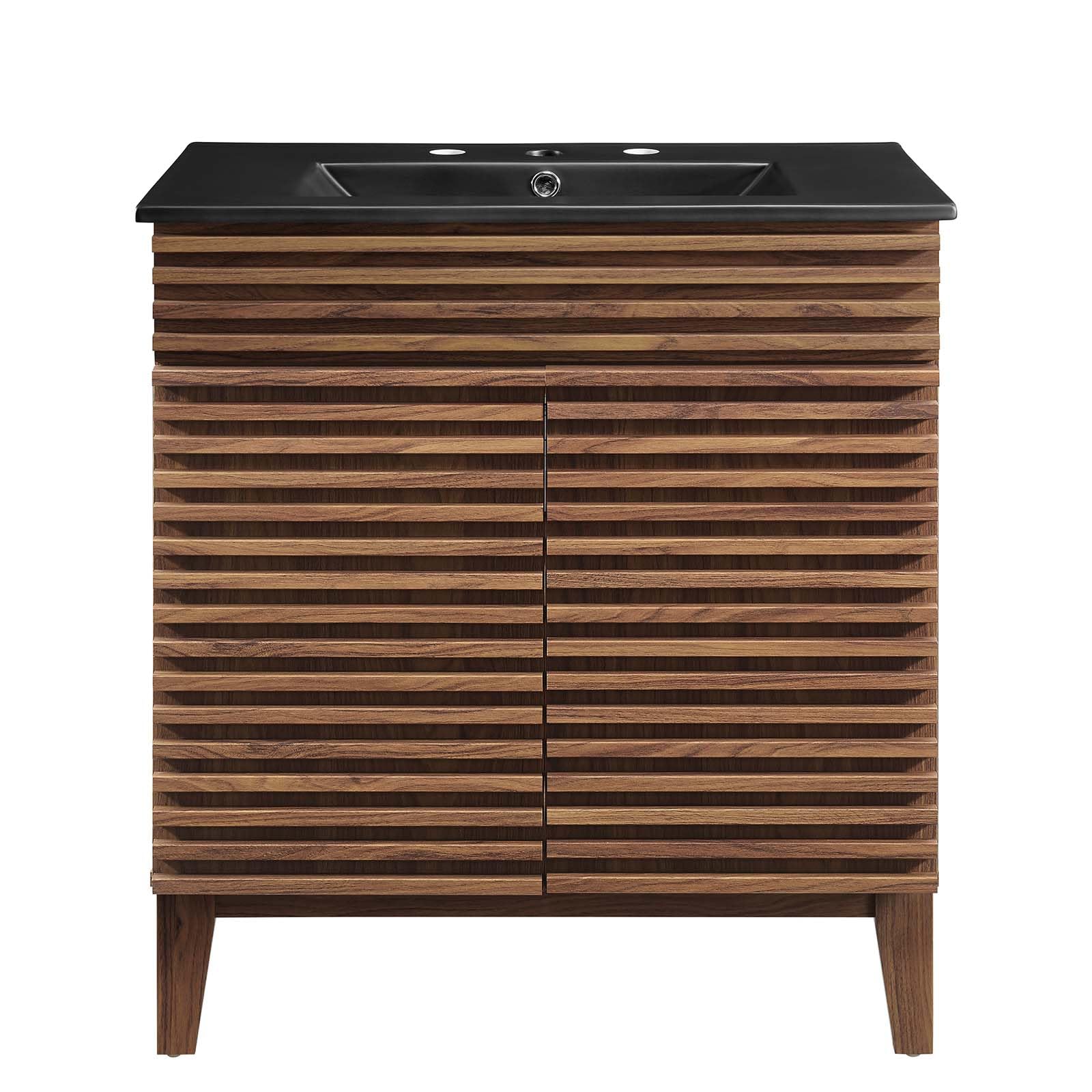 Modway 30 Inch Walnut Black Vanity with Sink - Modern Bathroom Floor Cabinet for Small Spaces, Perfect for Apartments & Powder Rooms
