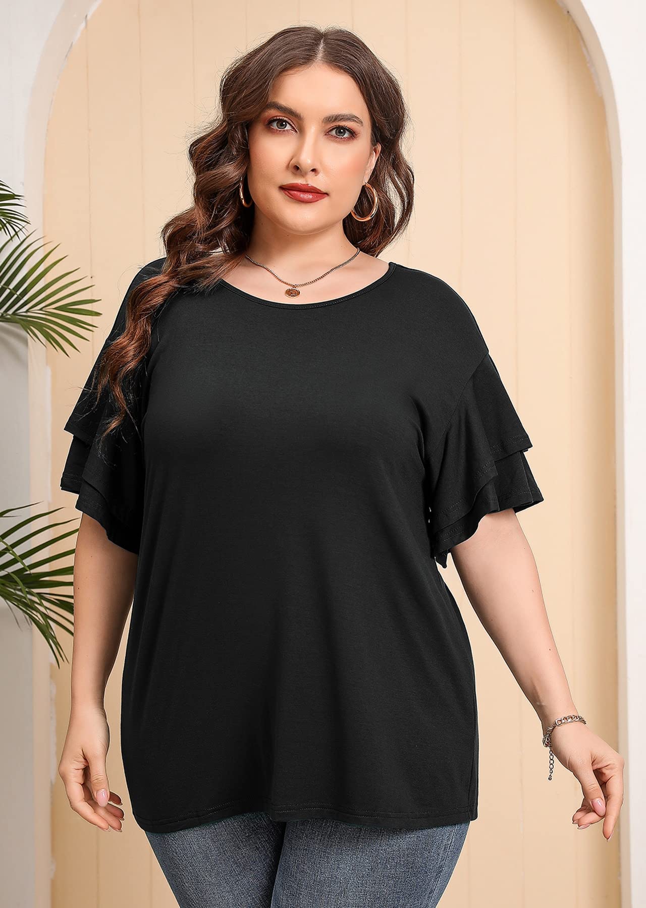 Plus Size Tunic Top for Women - AusLook Double Ruffle Short Sleeve Blouse, Loose Fit Flowy Shirt for Summer | Casual Wear, Beach Cover Up & Everyday Outfit