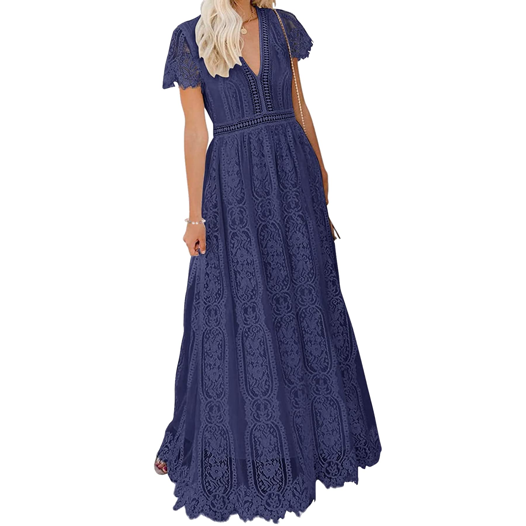 BIGSPCE Women's Sexy Floral Lace Maxi Dress - V-Neck Short Sleeve Bridesmaid Gown for Wedding, Cocktail Party & Formal Dinner - Elegant Evening Dress for Special Occasions
