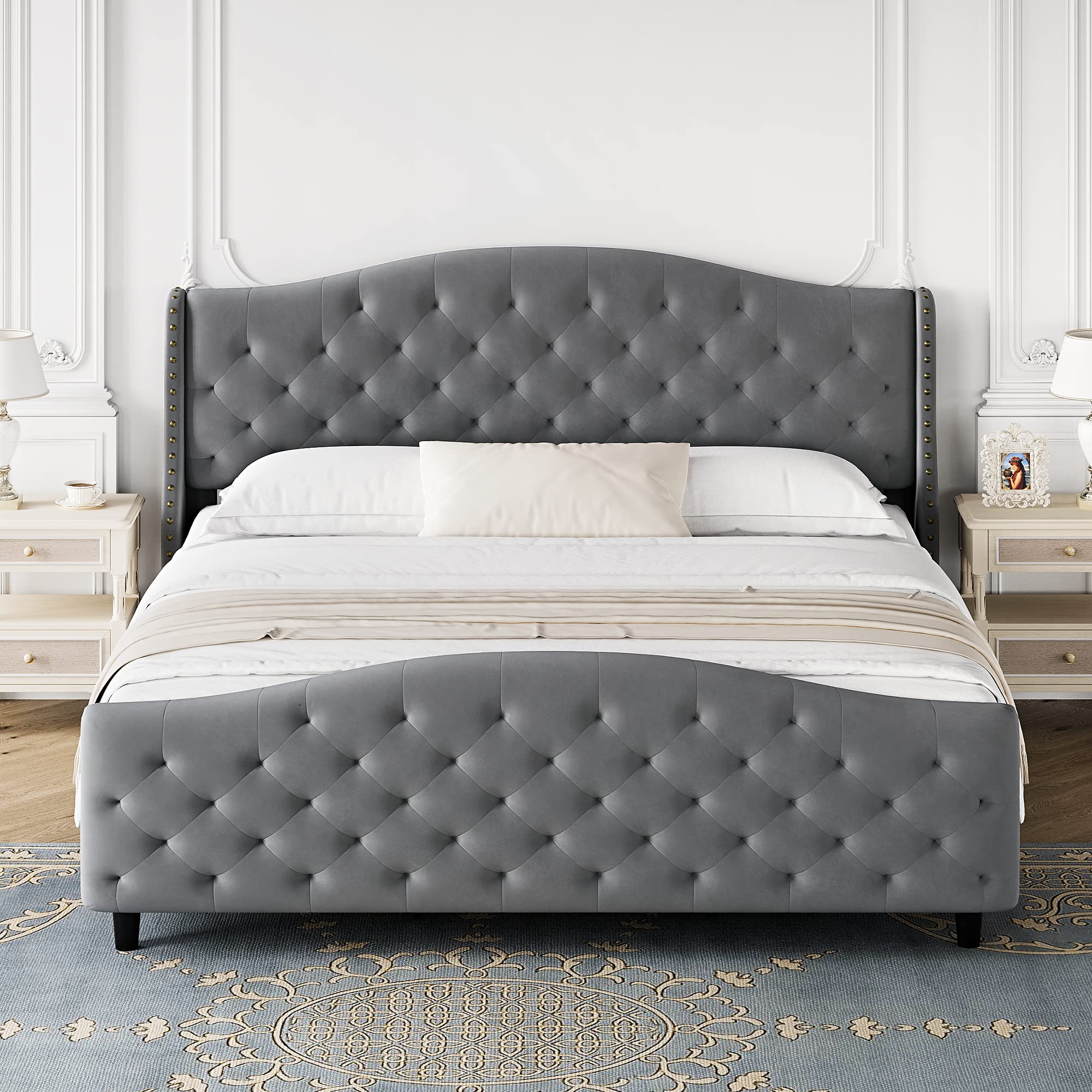 Alkmaar King Size Bed Frame with Upholstered Headboard & Footboard - Velvet Tufted Platform Bed, No Box Spring Required, Easy Assembly, Grey - Perfect for Master Bedroom, Guest Room & Modern Home Decor