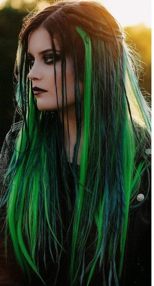 BOXO Set of 2 Clip-in Hair Extensions - Green Colored Strips for Women & Girls | Easy to Use Hair Highlights for Parties, Cosplay & Daily Styling