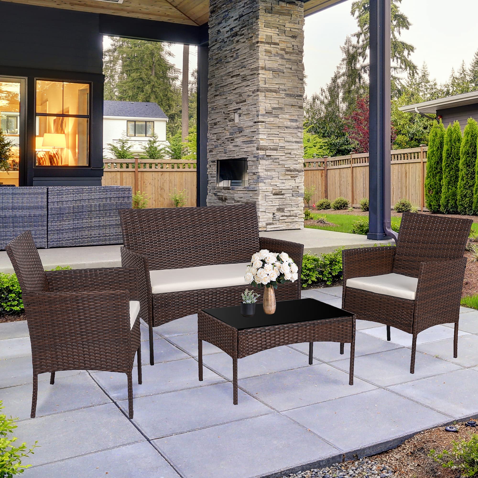 Walsunny 4-Piece Outdoor Patio Furniture Set - Rattan Wicker Chairs for Backyard, Porch, Garden, Poolside & Balcony - Indoor/Outdoor Use (Brown) - Perfect for Relaxing, Entertaining & Lounging