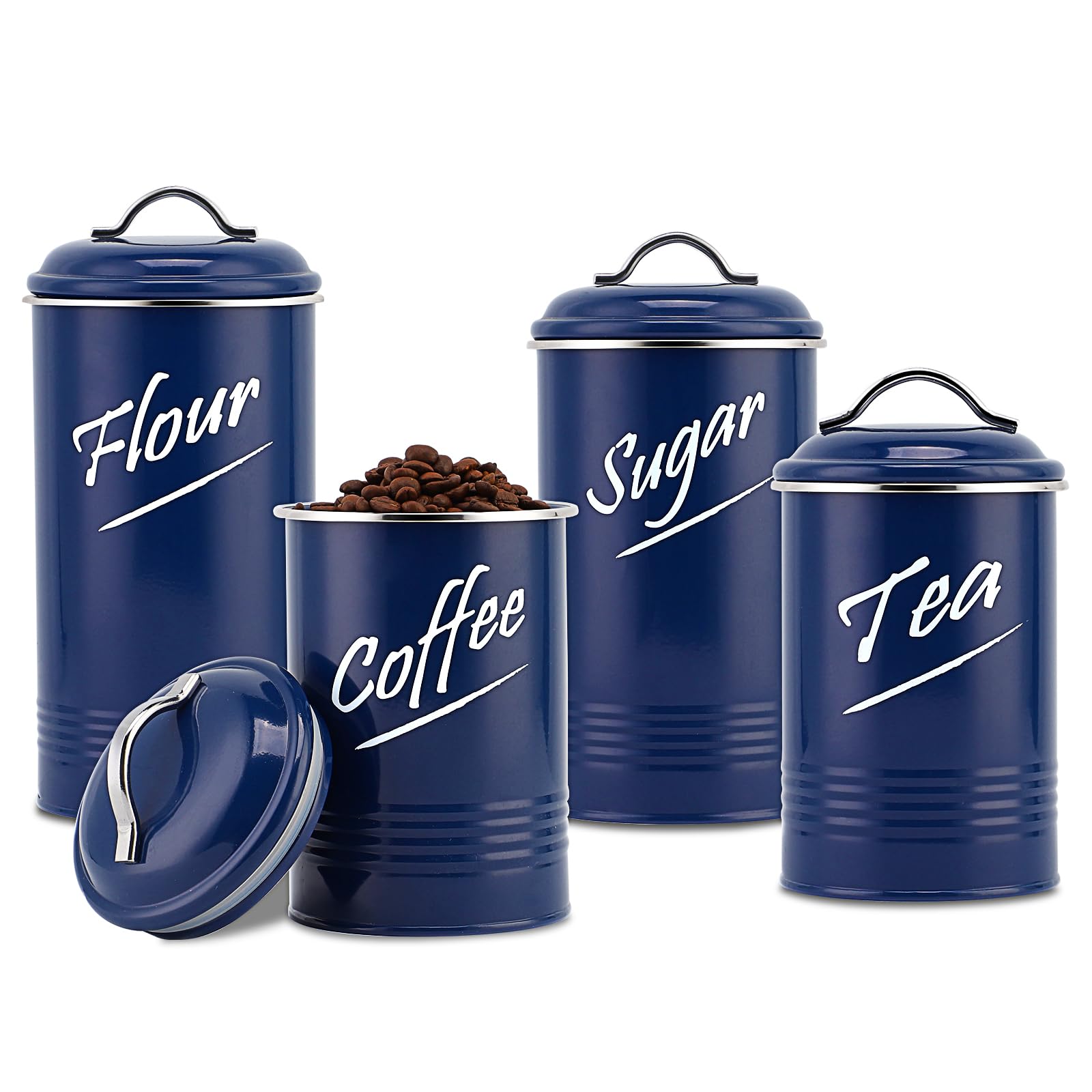 Hillbond 4-Piece Stainless Steel Kitchen Canister Set with Powder Coated Finish - Navy Blue Airtight Food Storage Containers for Flour, Sugar, Coffee & Dry Goods | Perfect for Countertop Organization & Pantry Storage