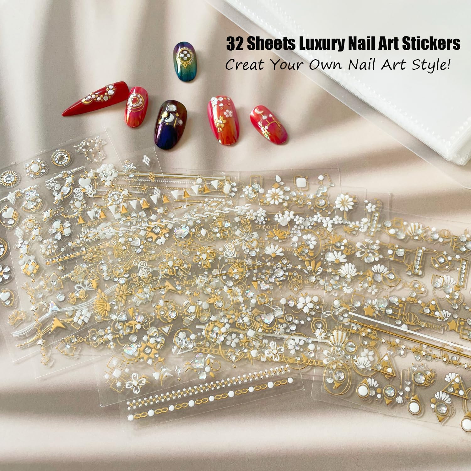 32 Sheet 3D Nail Art Stickers - Gold & Diamond Luxury Design, Self-Adhesive Nail Decals with White Flowers, Hearts, Lines & Geometric Patterns for DIY Nail Decoration | French Manicure Accessories for Parties, Weddings & Special Occasions