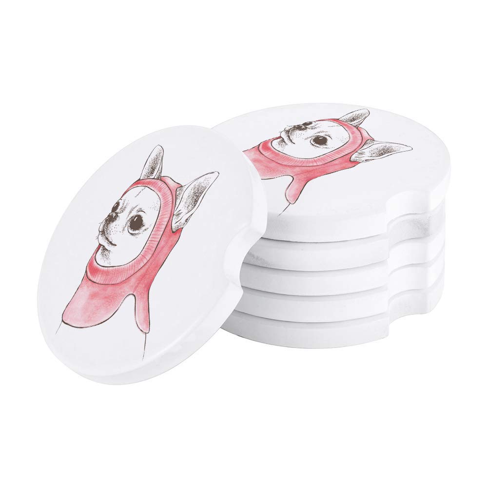 Absorbent Ceramic Car Coasters for Cup Holders - 6-Pack Set with Finger Notch for Easy Removal, Chihuahua Design - Perfect for Coffee, Drinks & Spill Protection in Vehicles