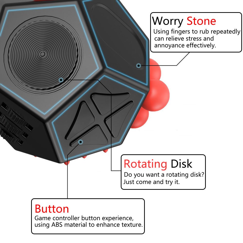 12-Sided Fidget Cube Stress Relief Toy for Anxiety & ADHD - Sensory Therapy for Autism, OCD, ADD - Calming Desk Toy for Kids & Adults (Black/Red) - Perfect for Office, School & Travel Stress Management