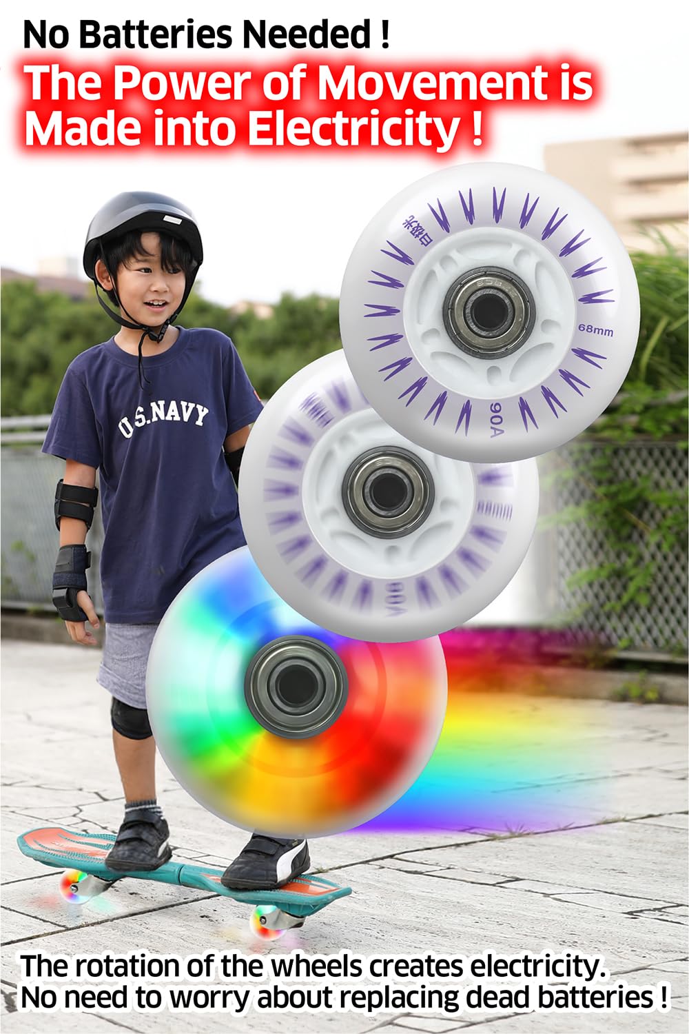 Ripstik Wheels - 68mm 90A Ripstick Replacement Wheels with ABEC 7 Bearings (4-Pack) - No Batteries Needed LED Lights - Perfect for Night Riding & Skateboard Upgrades