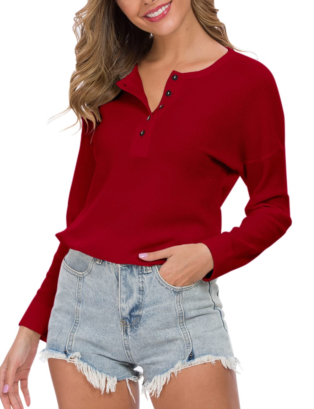 MOLERANI Women's Waffle Knit Tunic Top - Loose Fit Long Sleeve Button Up V-Neck Henley Shirt for Casual Wear, Office & Layering
