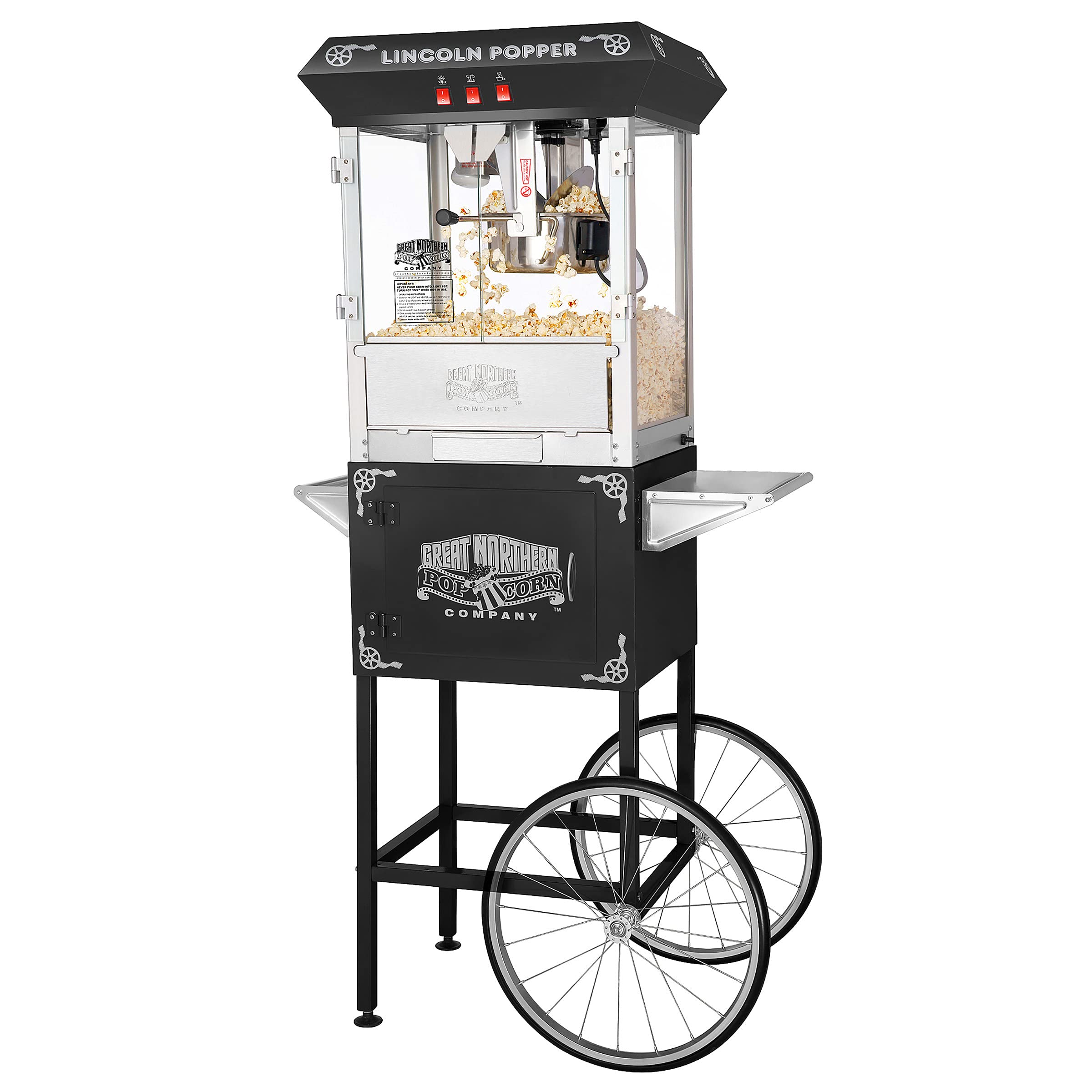 Great Northern Popcorn Lincoln 8oz Commercial Popcorn Machine with Cart - Stainless Steel Kettle, Warming Light & Accessories for Movie Nights, Parties & Concessions (Black)