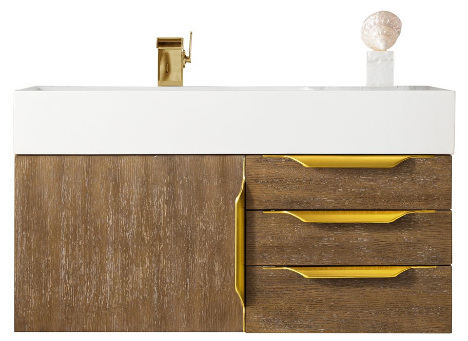 Mercer Island 36 Inch Single Bathroom Vanity in Latte Oak with Radiant Gold Hardware & Glossy White Composite Top - Perfect for Modern Home Bathroom Remodeling and Small Space Design