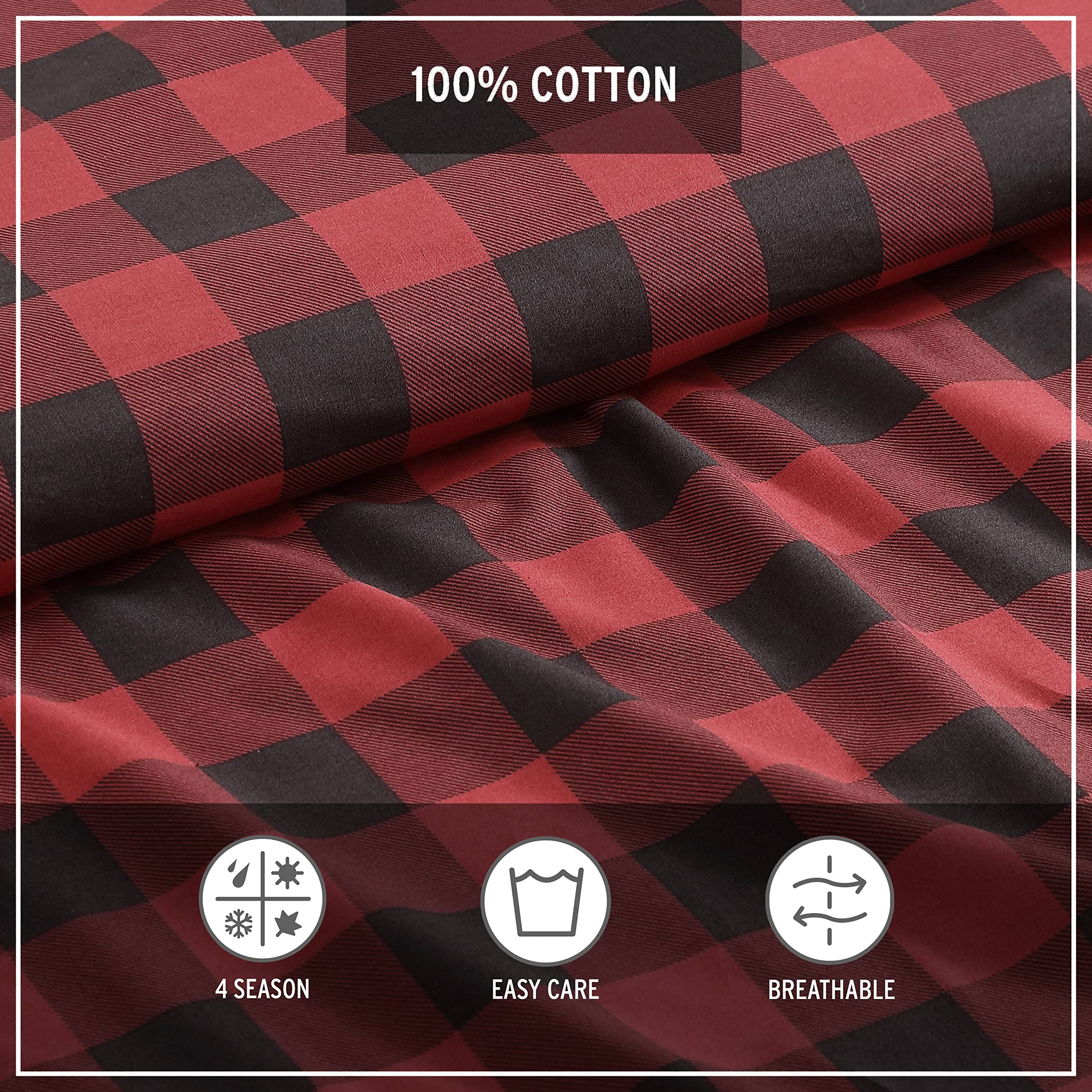 Eddie Bauer Queen Size Comforter Set - 100% Cotton Reversible Bedding with Buffalo Plaid Design, All-Season Warmth (Red/Black) for Cozy Bedroom & Guest Room Decor