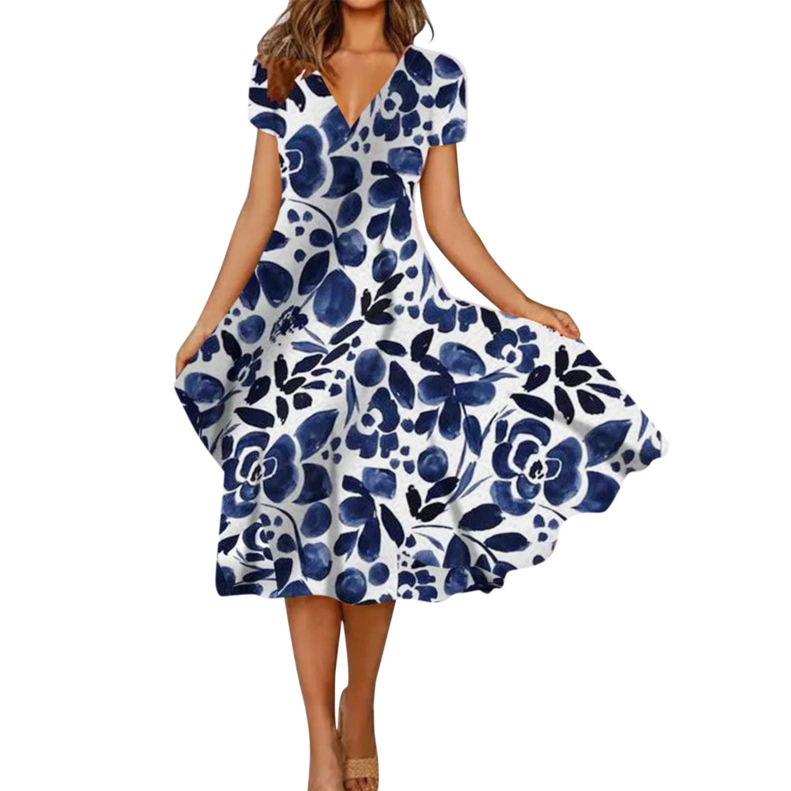 Women's Summer Dresses - Casual V-Neck Short Sleeve Midi Dress with Bohemian Retro Floral Print | Loose Fit for Beach, Vacation & Outdoor Activities