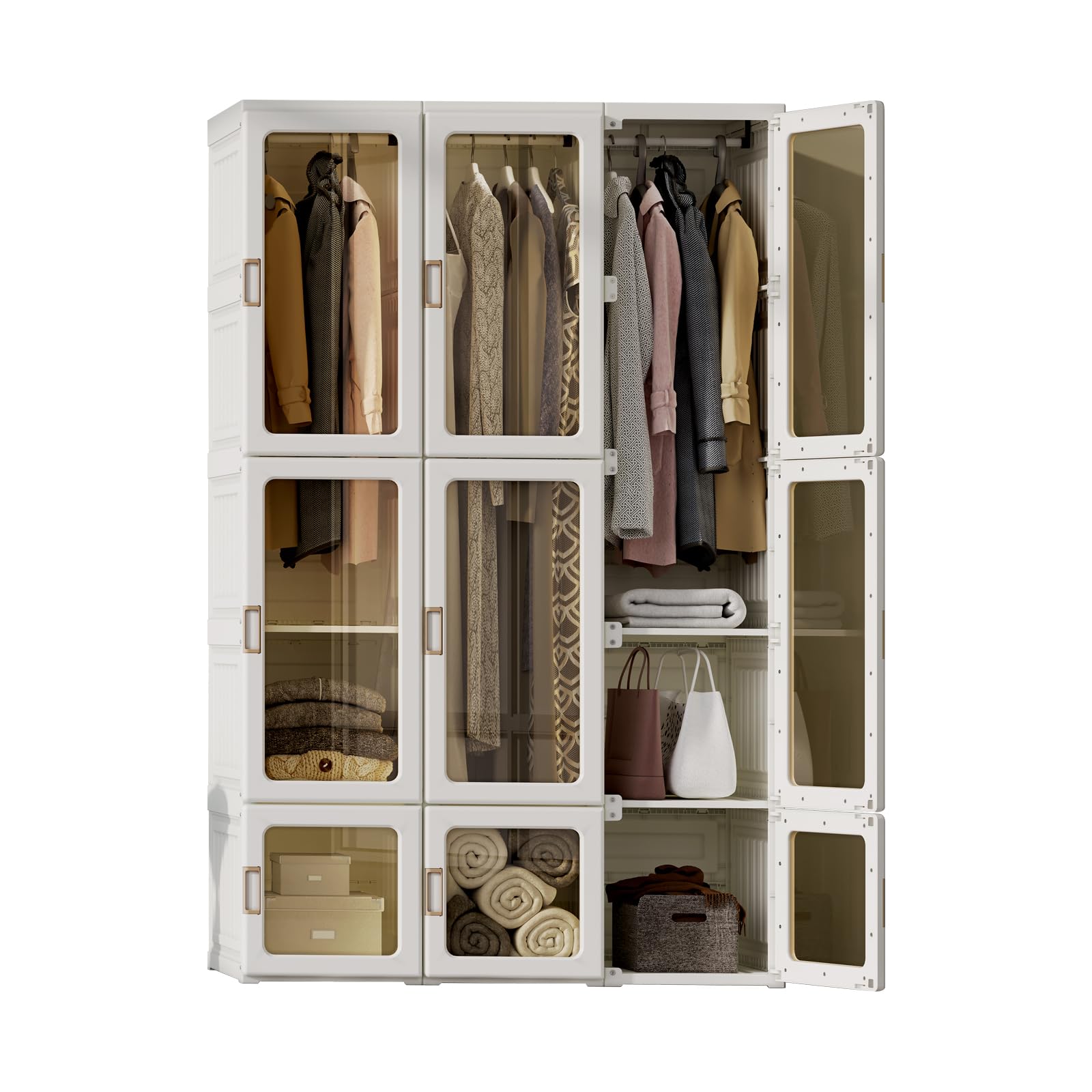 Portable Wardrobe Closet Organizer with Transparent Door Panels & Magnetic Closure - Easy Assembly Plastic Clothes Storage for Bedroom, Living Room, Dorm | Perfect for Seasonal Clothes Storage, Guest Room Organization & Small Space Solution (3 Hanging Rods)