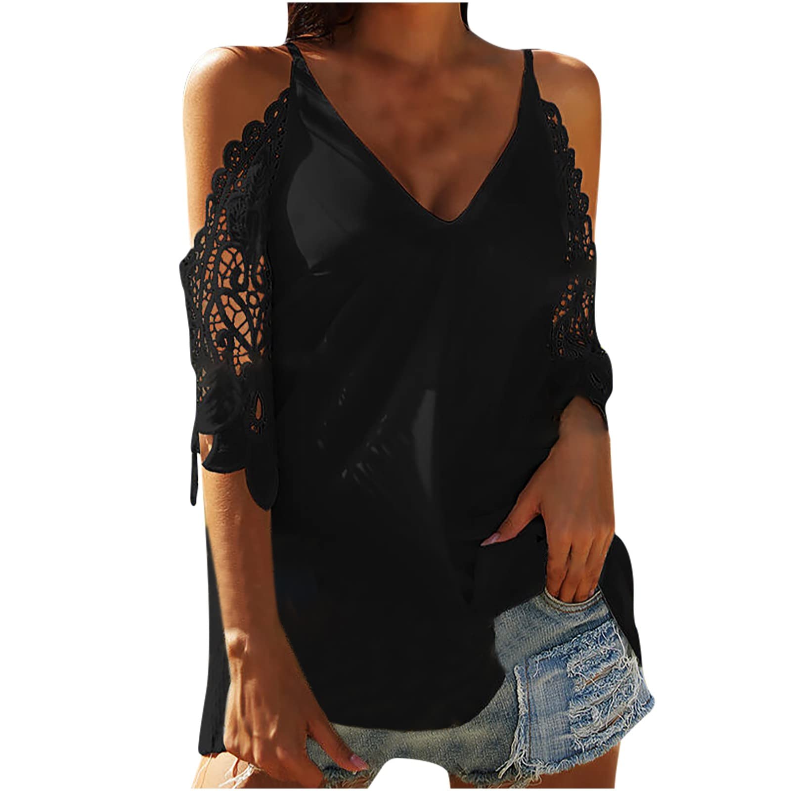 Trendy Women's Summer Tops 2023 - V Neck Lace Patchwork Blouse with Suspenders | Casual & Party Wear | Perfect for Beach, Office & Date Nights