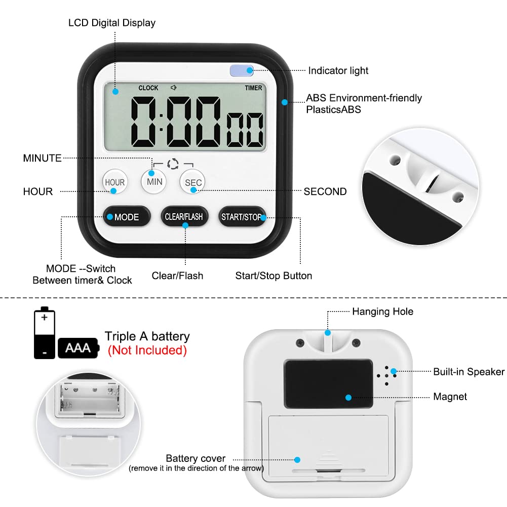 24-Hour Digital Kitchen Timer with Large LCD Screen - Magnetic Count Up/Down Stopwatch, Loud Alarm for Cooking, Bathroom, Shower, Kids & Teachers | Perfect for Baking, Classroom, Workouts & Time Management