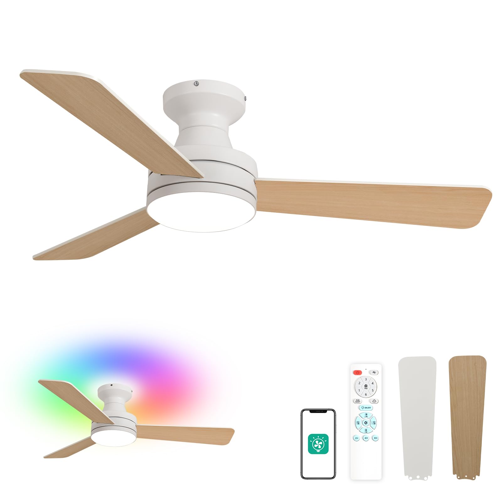 42-Inch Low Profile Flush Mount Ceiling Fan with Lights - RGB Backlight, Dimmable Lighting, 6 Speeds & 3 Reversible Blades - Remote & App Control - White - Perfect for Bedroom, Living Room & Office Spaces