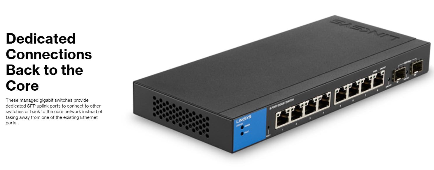 Linksys 8-Port Managed Gigabit Ethernet Switch with 2 1G SFP Uplinks - High Performance Network Switch for Office, Home & Data Center Connectivity
