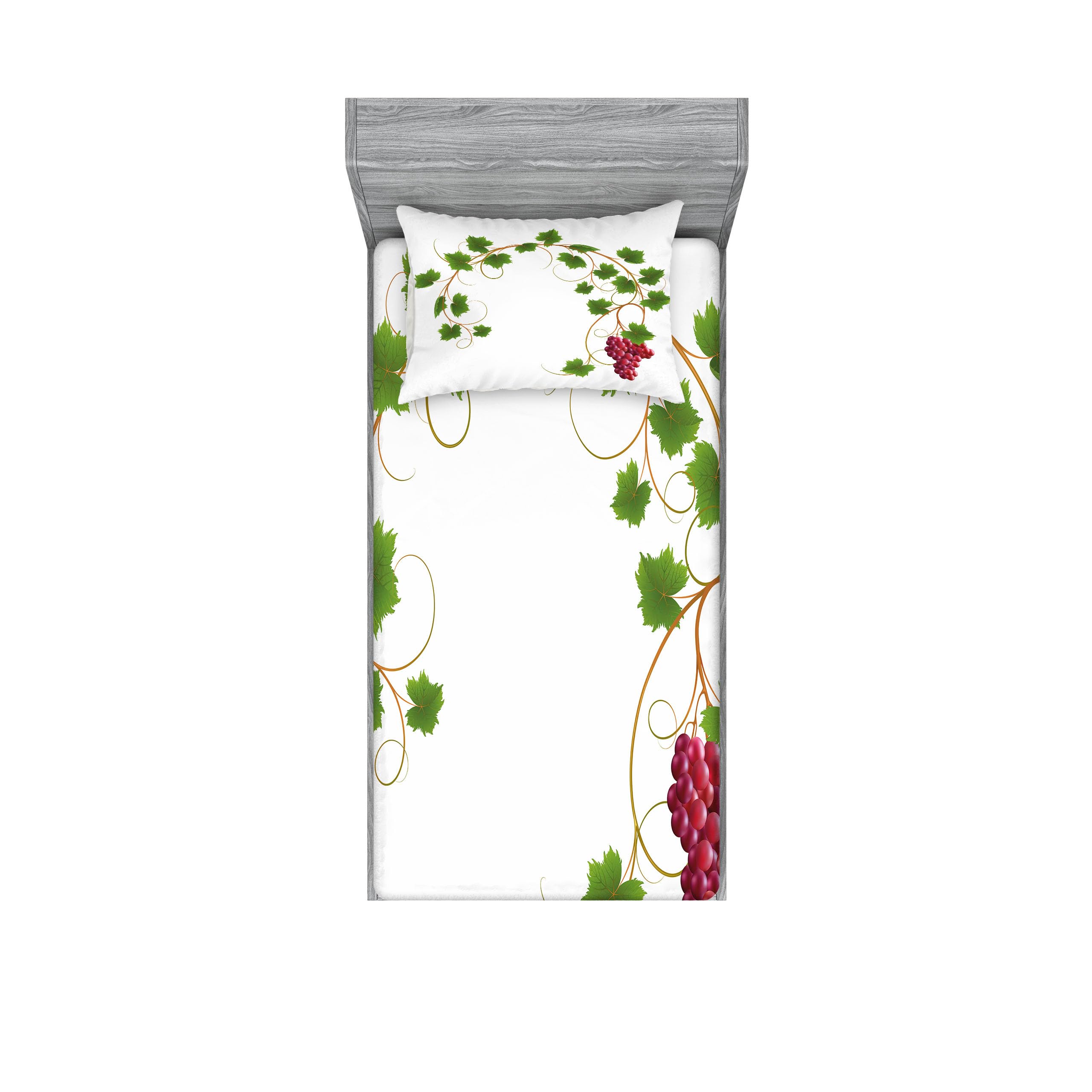Ambesonne Vineyard Fitted Sheet & Pillow Sham Set - Curved Ivy Branch Cabernet Wine Theme Printed 2-Piece Bedding Set, Twin XL, Green & Purple - Perfect for Wine Lovers' Bedroom Decor & Vineyard-Themed Guest Rooms