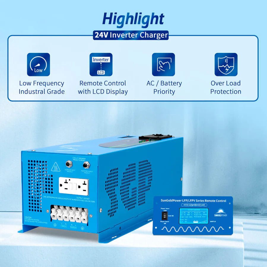 SunGoldPower 3000W 24V Pure Sine Wave Power Inverter with Built-in Charger - Perfect for RVs, Solar Systems, and Off-Grid Power Solutions