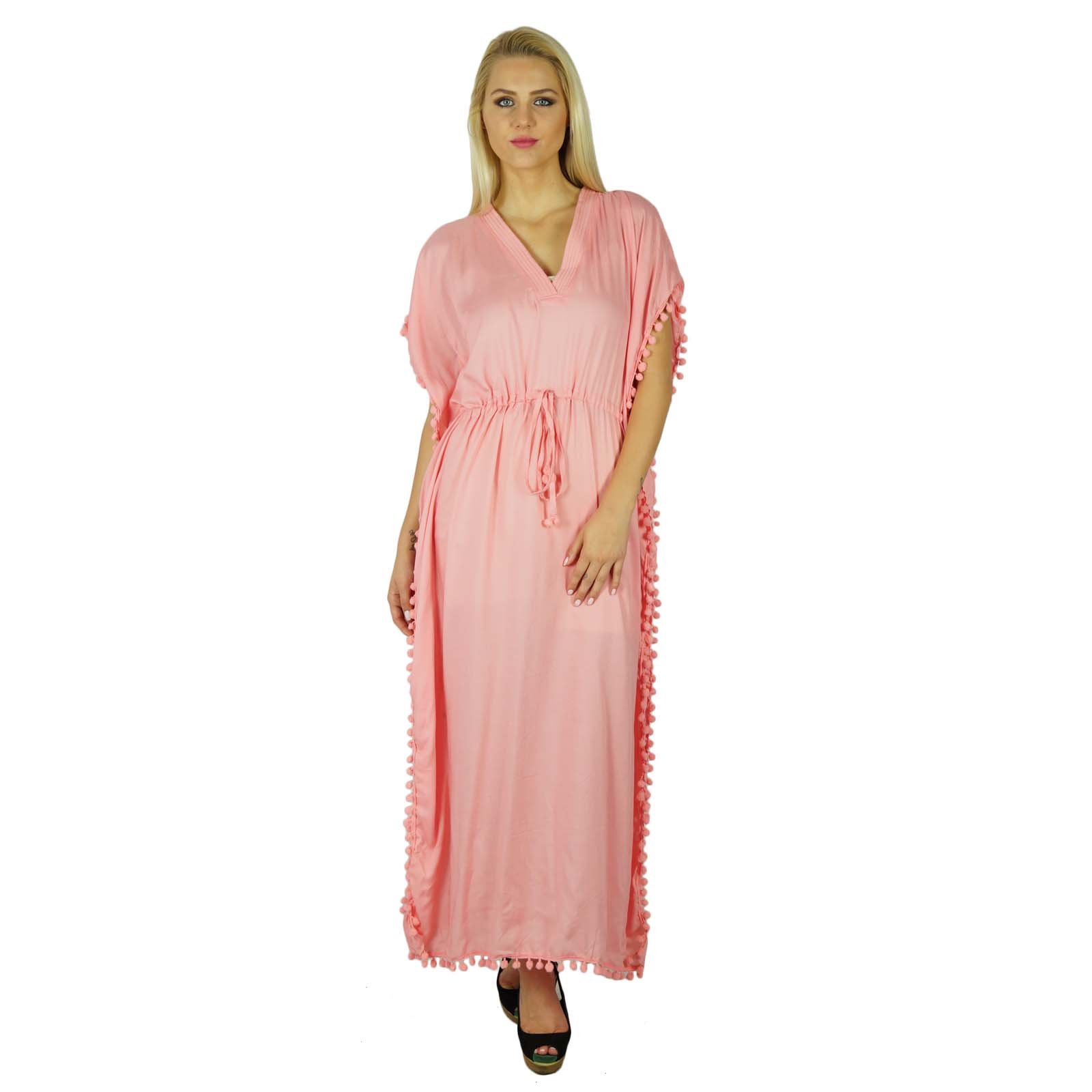 Bimba Women's Long Printed Kaftan Dress - Soft Modal Cotton Beach Cover Up, Maxi Dress for Summer, Light Pink | Perfect for Beach Vacations, Pool Parties & Boho Fashion