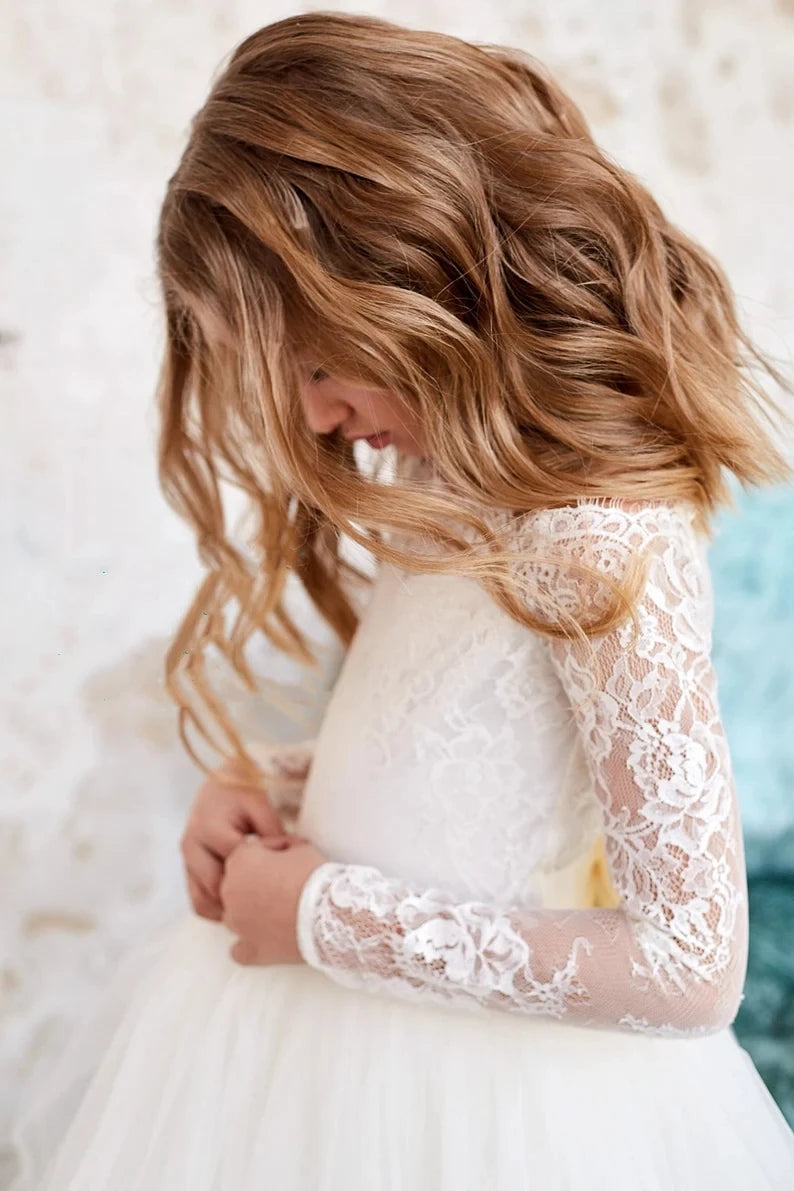 Elegant Full Sleeves Flower Girl Dress for First Communion - Perfect for Weddings, Baptisms & Special Occasions