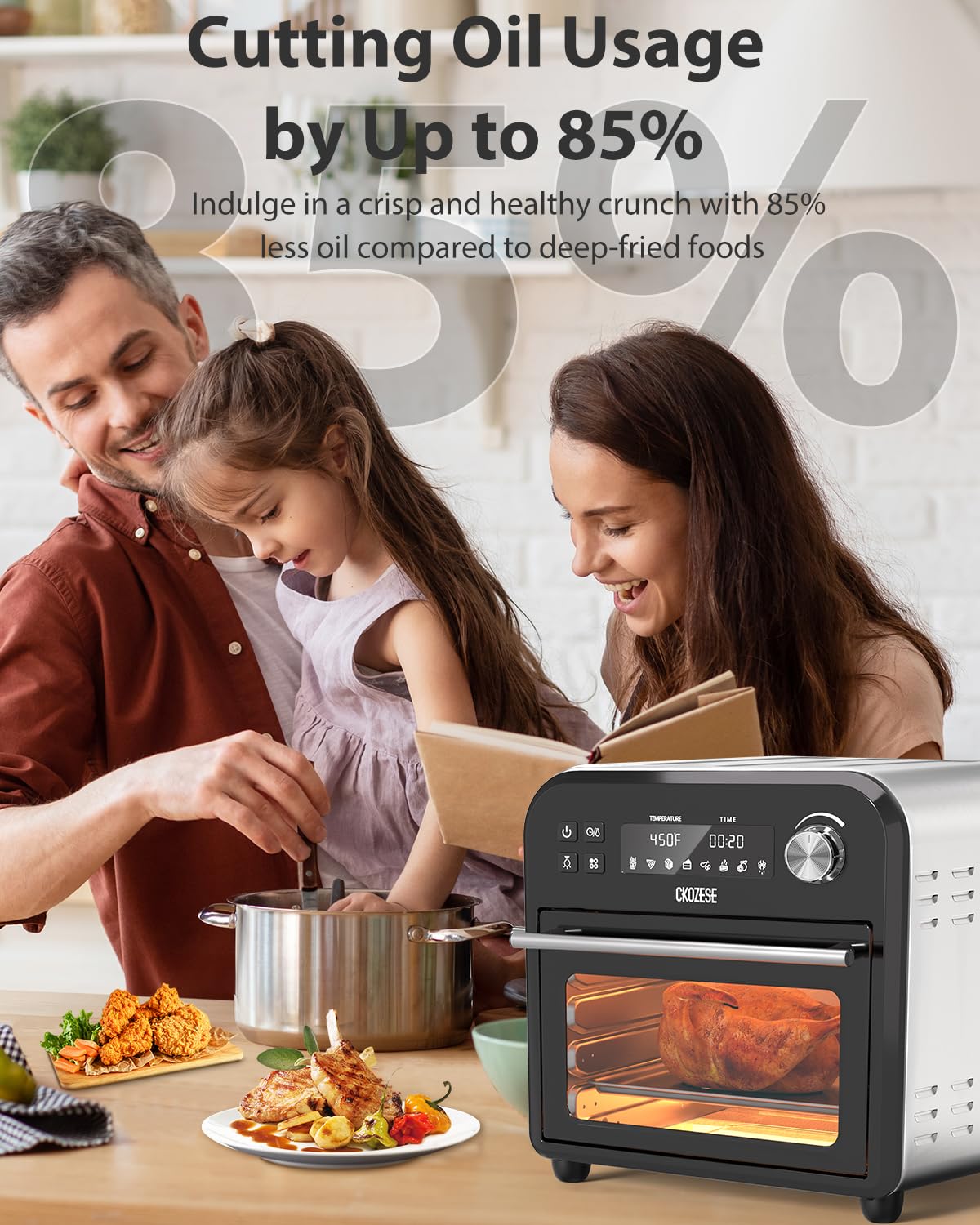 14QT Air Fryer Toaster Oven - 8-in-1 Smart Countertop Convection Oven with Grill, Roast, Bake, Broil & Dehydrate Functions | Stainless Steel Oil-Free Cooking | Includes 45 Recipes & Accessories | Perfect for Healthy Meals, Family Dinners & Party Snacks