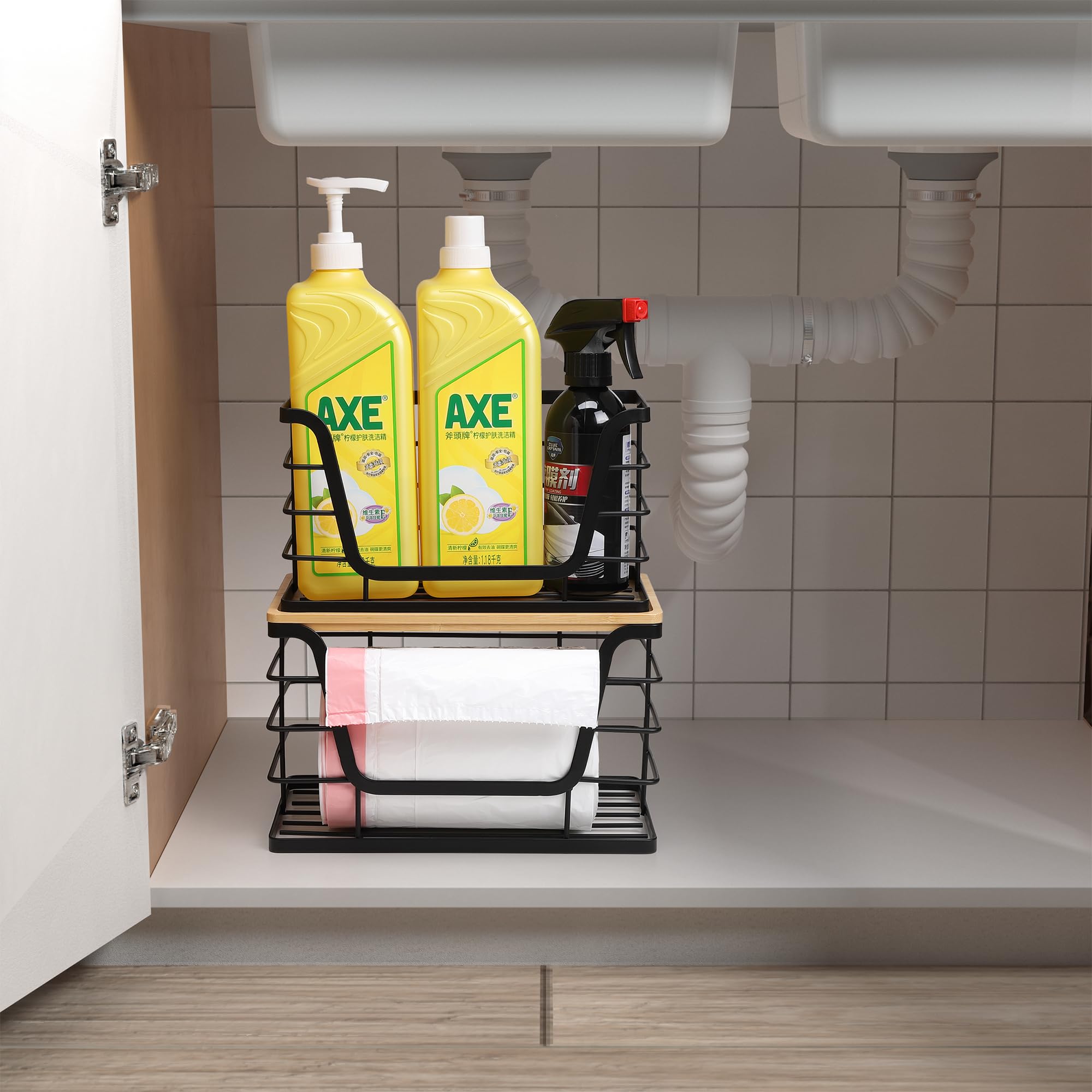 2 Pack Stackable Bamboo Top Storage Organizers for Kitchen & Laundry - Wall Mount Trash Bag Holder & Garbage Bag Dispenser - Perfect for Pantry, Bathroom, Garage Organization & Waste Management
