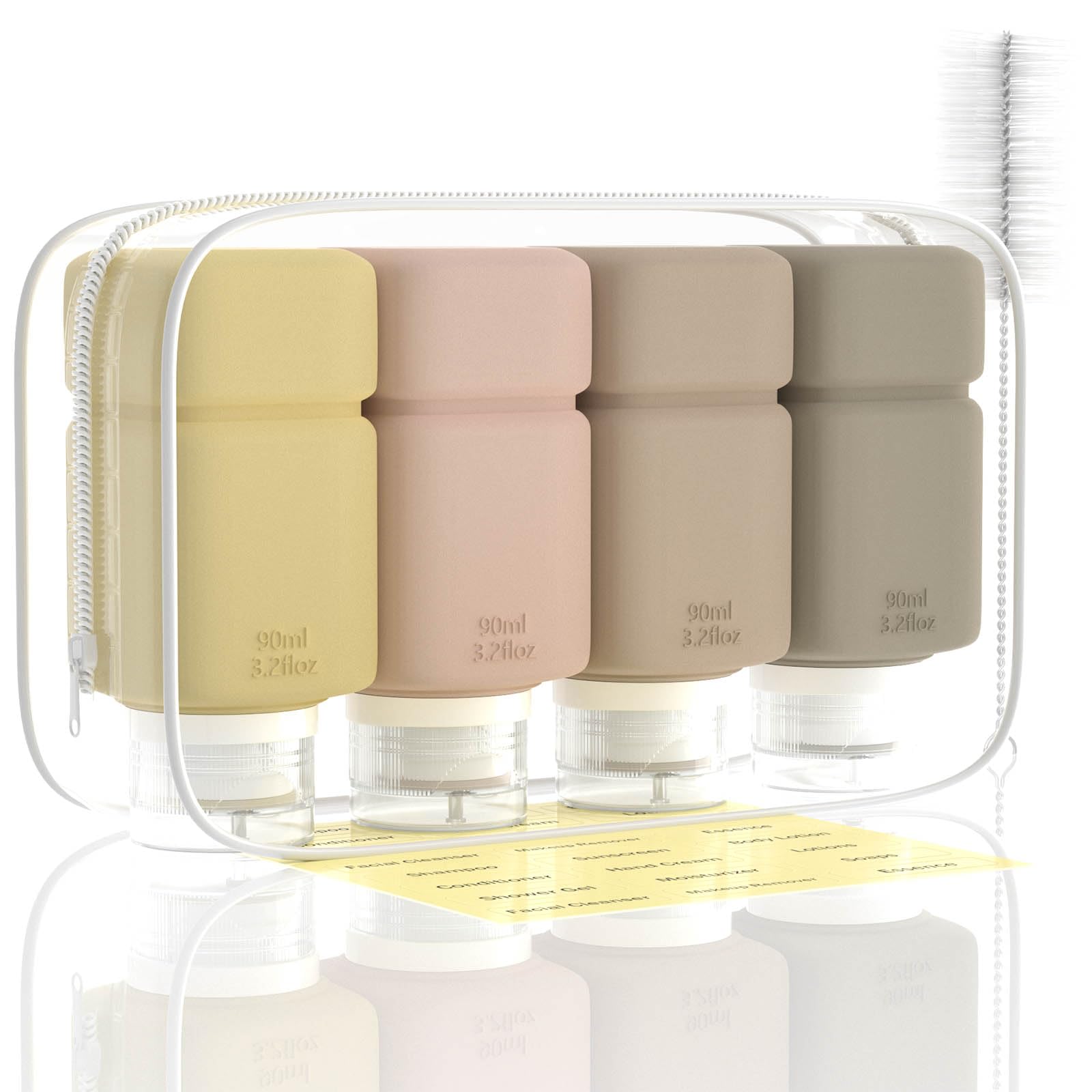TSA Approved Travel Bottles for Toiletries - 4 Pack Leak Proof BPA Free Travel Size Containers for Shampoo, Conditioner, Lotion & Body Wash with Clear Toiletry Bag & Cleaning Brush - Perfect for Airplane Carry On, Gym, Camping & Vacation Essentials