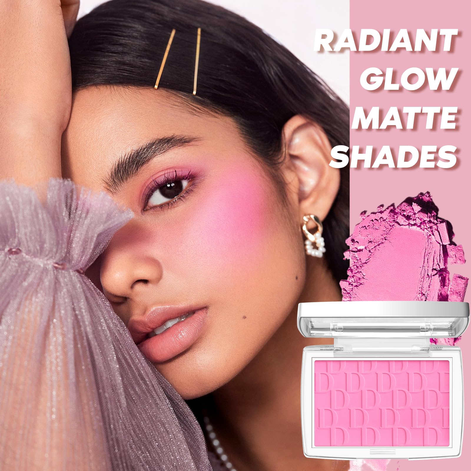 Pink Blush Powder - Matte Blush Palette with Brush, Natural Blendable Silky Formula for Cheeks | Lightweight Face Blusher Makeup | Perfect for Everyday Wear & Special Occasions | Shade 001