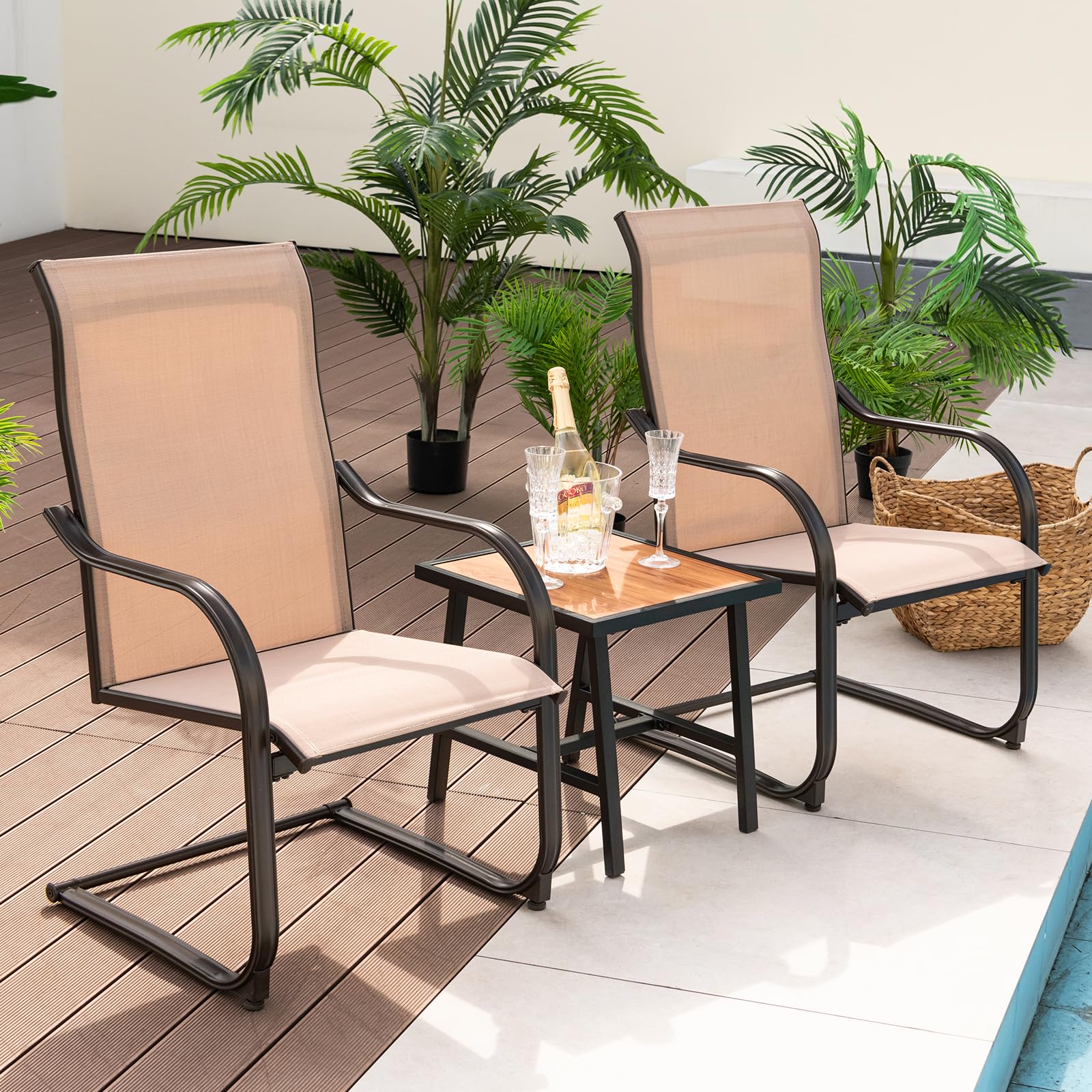 Tangkula 2-Piece Outdoor Dining Chairs Set - Patio C-Spring Motion Chairs with Breathable Fabric & Heavy-Duty Metal Frame - Comfortable High Back Chairs for Backyard, Porch, Poolside, Garden (Brown) - Perfect for Relaxing, Entertaining & Outdoor Dining