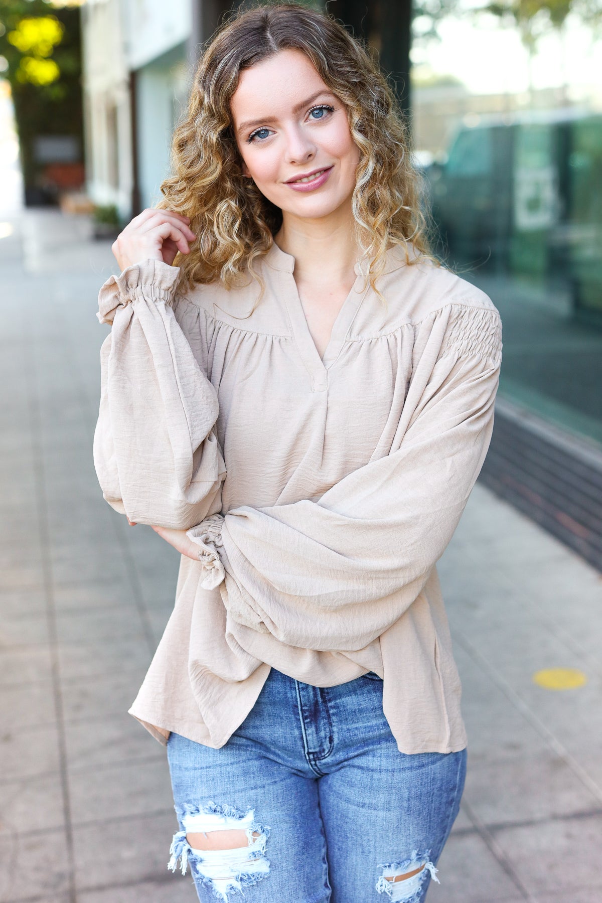 Boho Chic Taupe Smocked Bubble Sleeve Blouse with Notched Neckline - Perfect for Summer Festivals & Beach Vacations