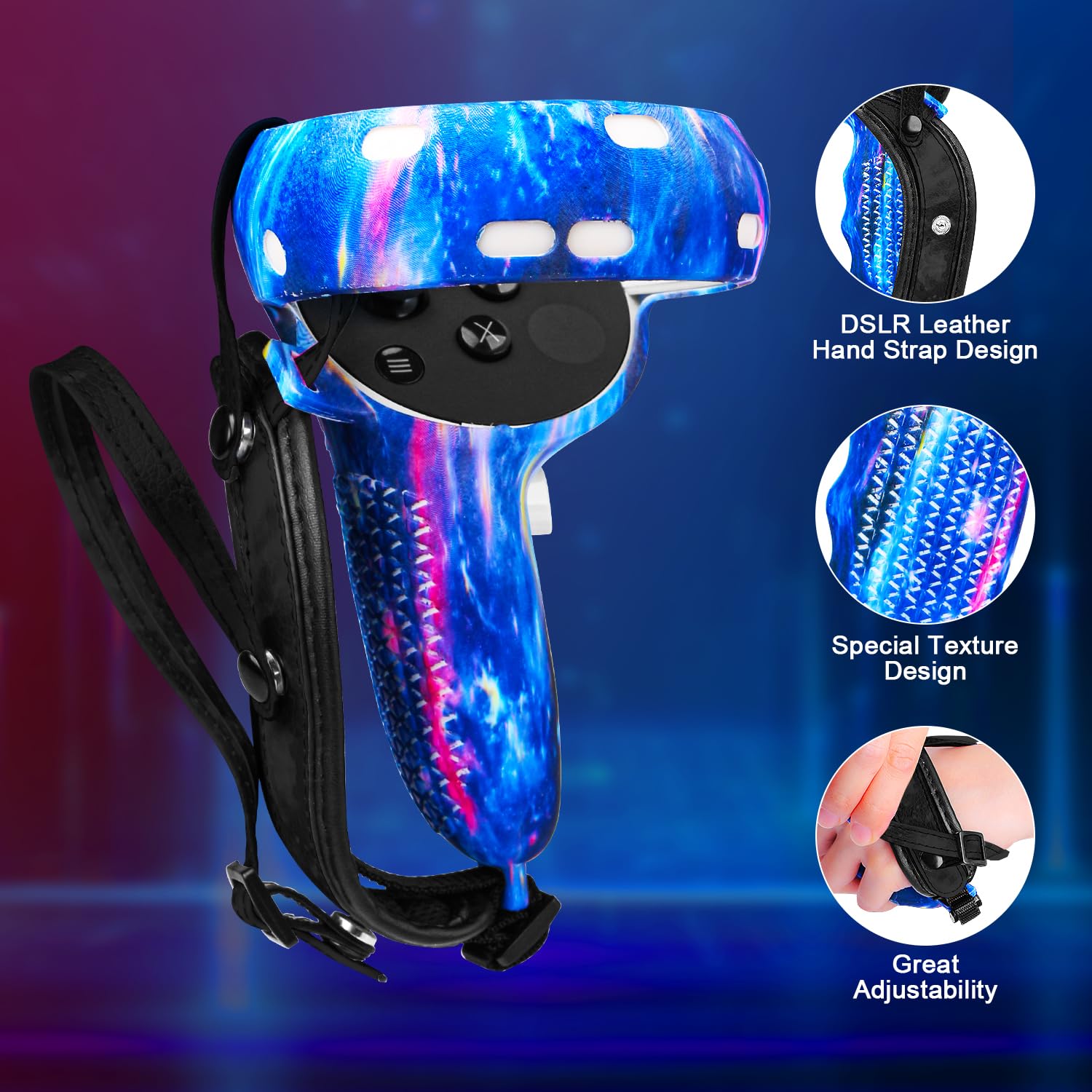 Oculus Quest 2 VR Accessories Set - Silicone Face Cover, Controller Grip, Protective Shell, Lens Cover & 10 Disposable Eye Masks (Galaxy Design) - Enhance Comfort & Hygiene for Extended VR Gaming Sessions