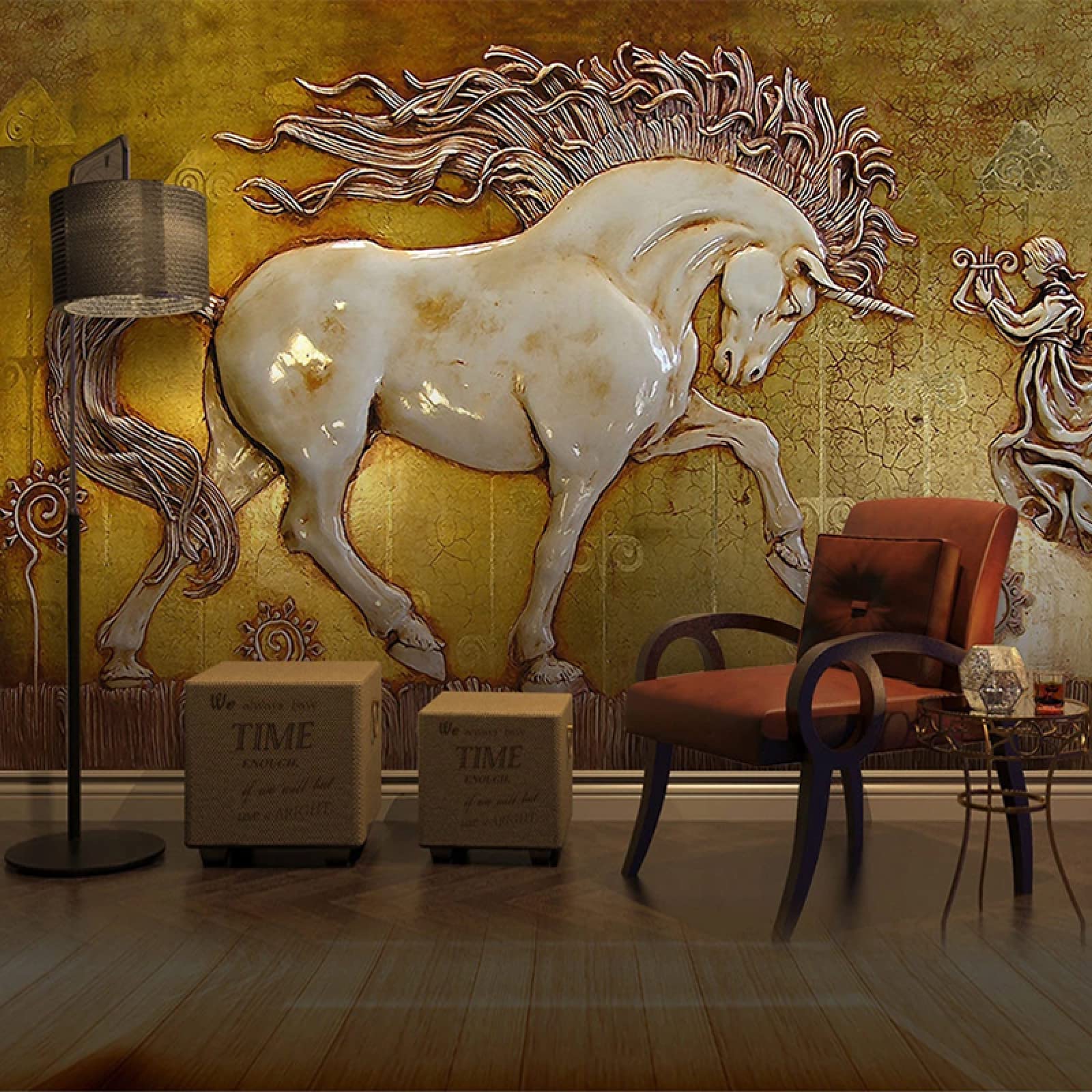 3D Abstract Horse Wall Art Sticker - Golden Color 3D Stereoscopic Mural for Home Decor, Living Room, Dining Room, TV Wall, Sofa Background - 118x82.6 Inches (WxH) - Eye-Catching Stable Decoration for Modern & Farmhouse Interior Design