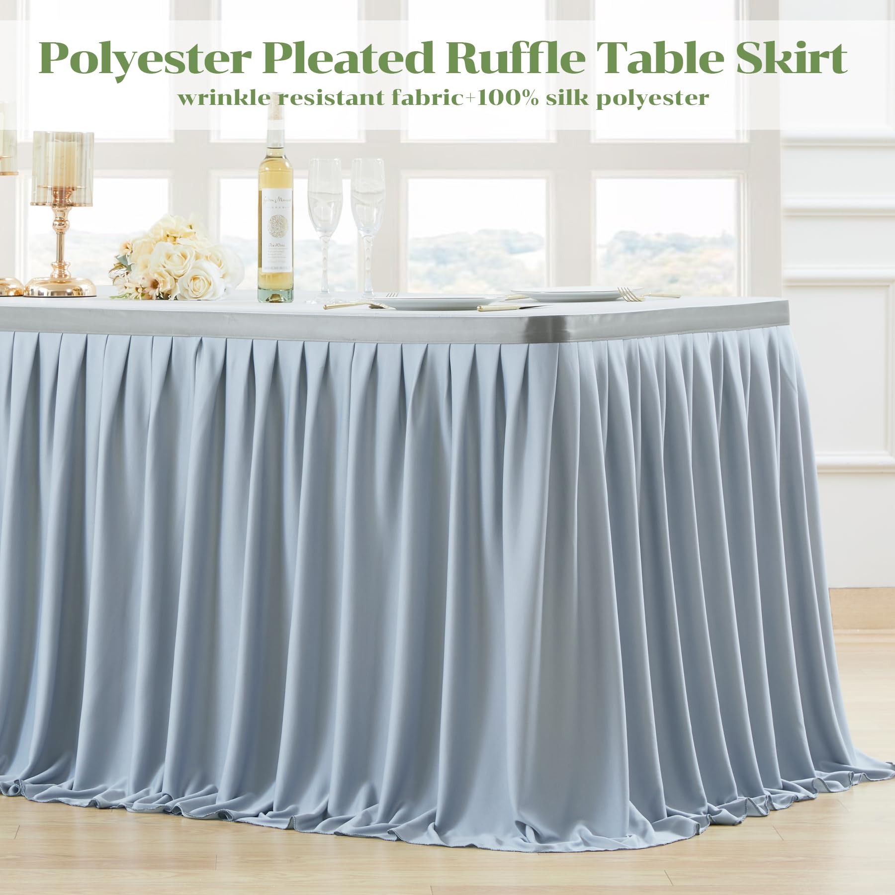 Gray Polyester Table Skirt 9ft - Wrinkle Resistant for Banquet & Wedding Decor
