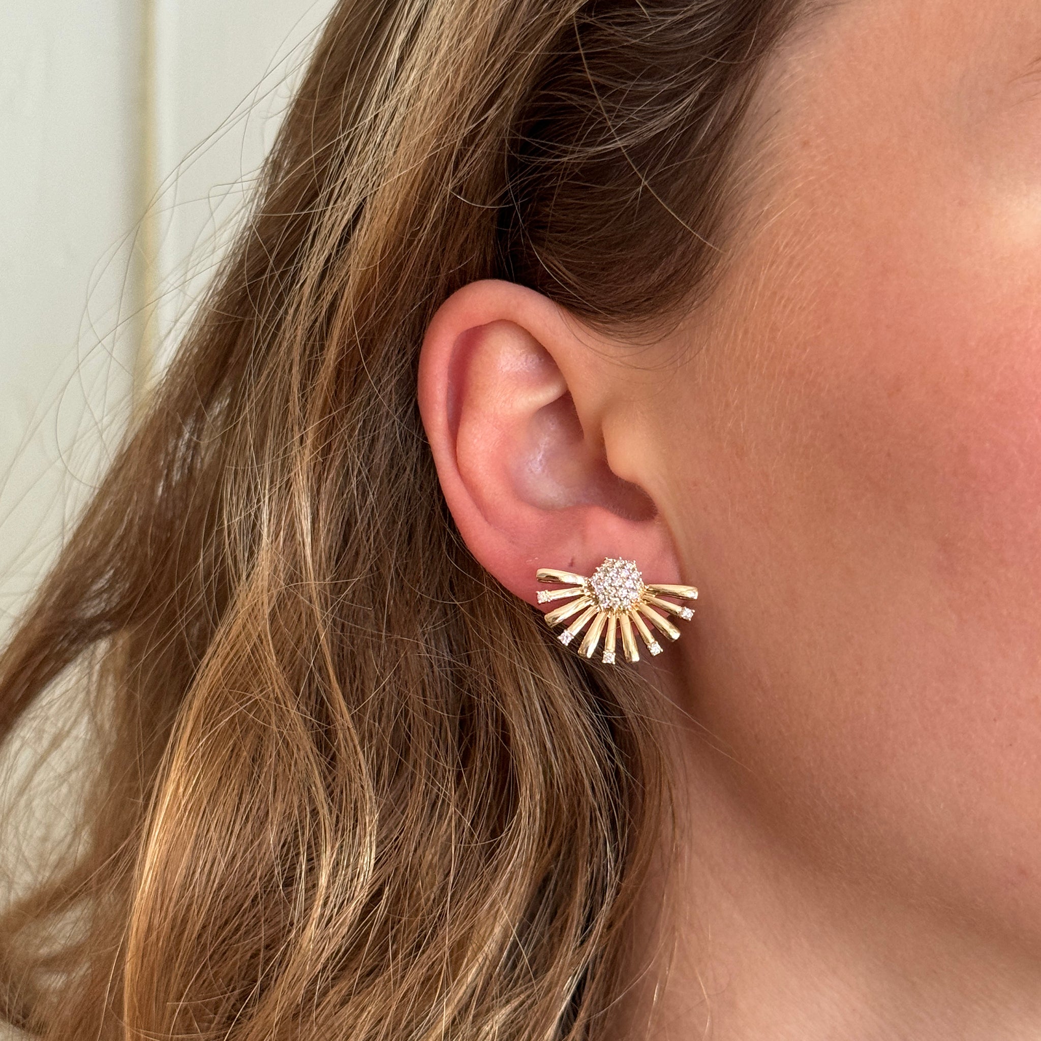 14K Yellow Gold Diamond Cluster Fan Earrings - Elegant Dangle Earrings for Women, Perfect for Weddings, Parties & Special Occasions