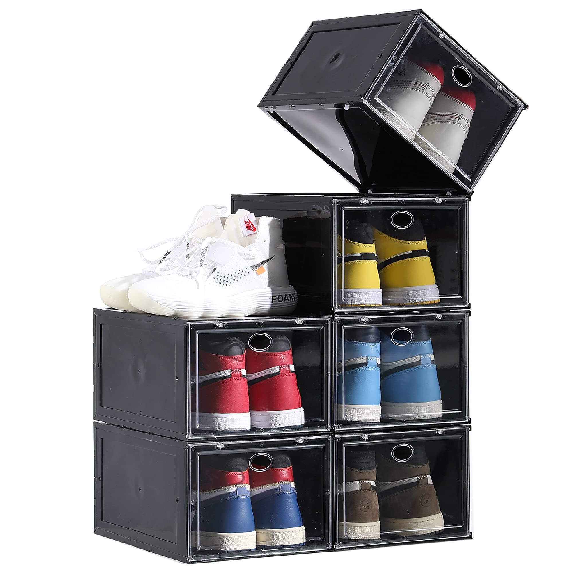 Aliscatre 6-Pack Stackable Black Plastic Shoe Boxes with Drop Front Door - Clear Sneaker Storage Containers for Men & Women (Fits up to US Size 12, 13.4”x9.8”x7.1”) - Perfect for Closet Organization, Sneaker Display & Shoe Storage Solutions