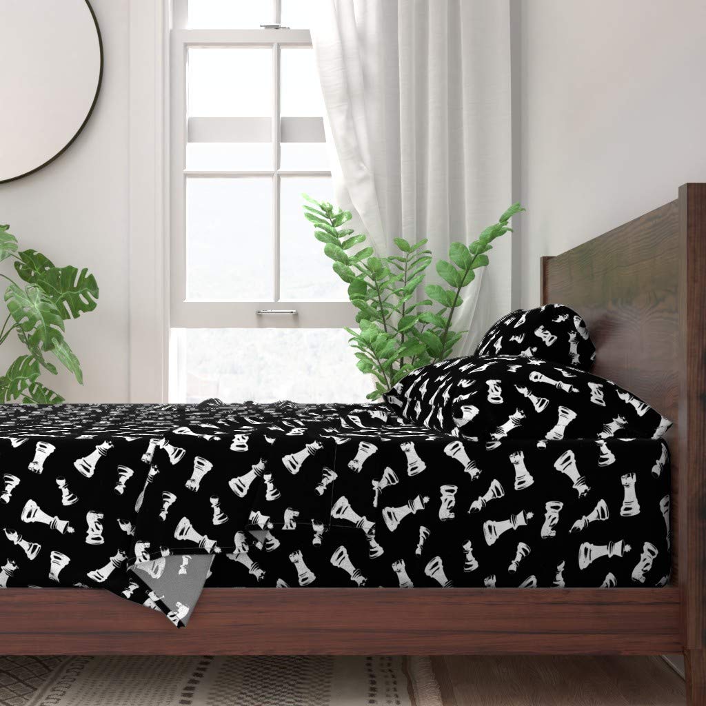 Premium 100% Cotton Twin Sheet Set 3-Piece - Vintage Chess Print Black & White Design | Soft Breathable Bedding for Home, Dorm, or Guest Room