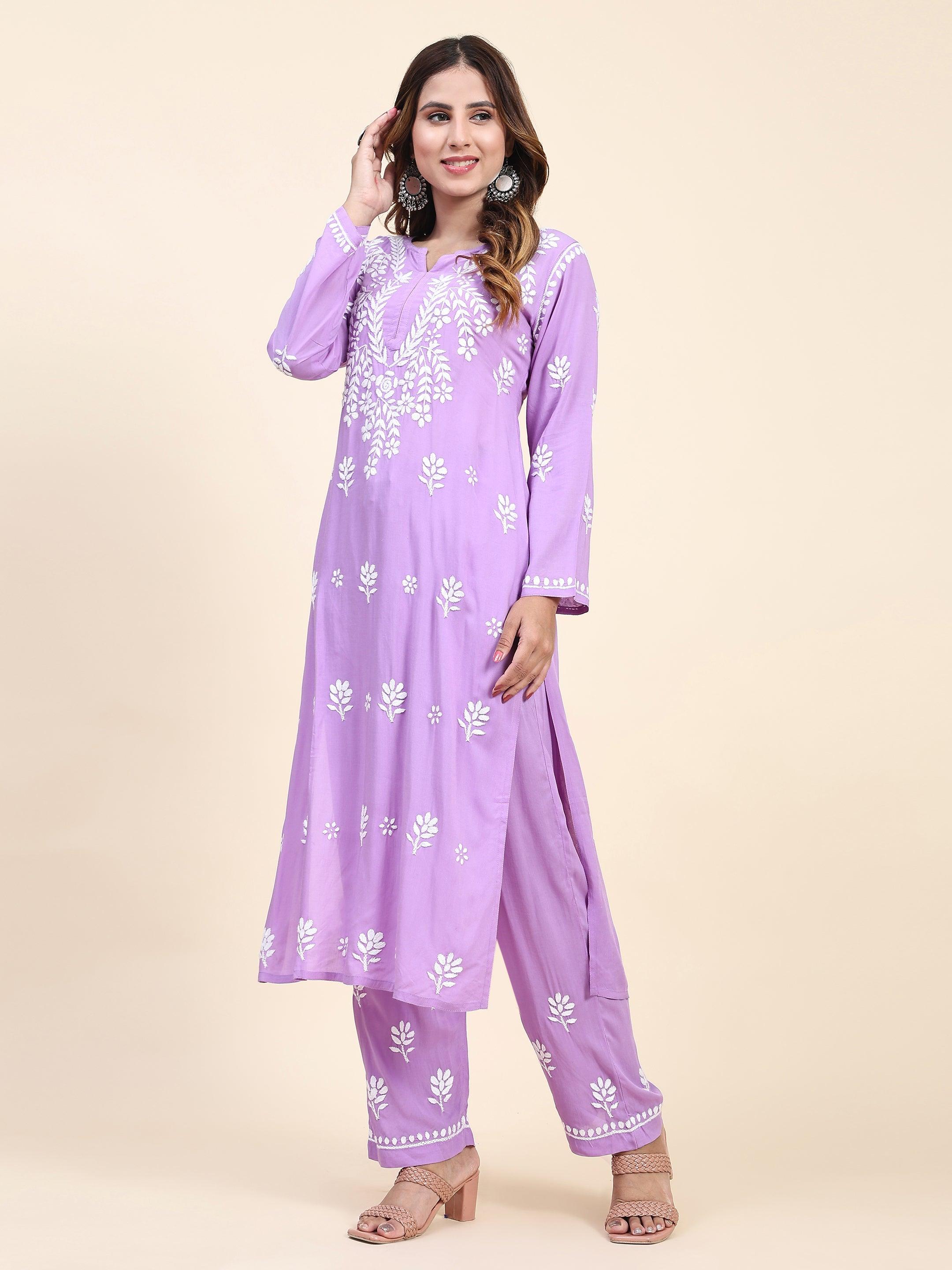 Elegant Miesha Chikankari Long Modal Kurta Set in Purple - Perfect for Festivals, Weddings & Ethnic Occasions