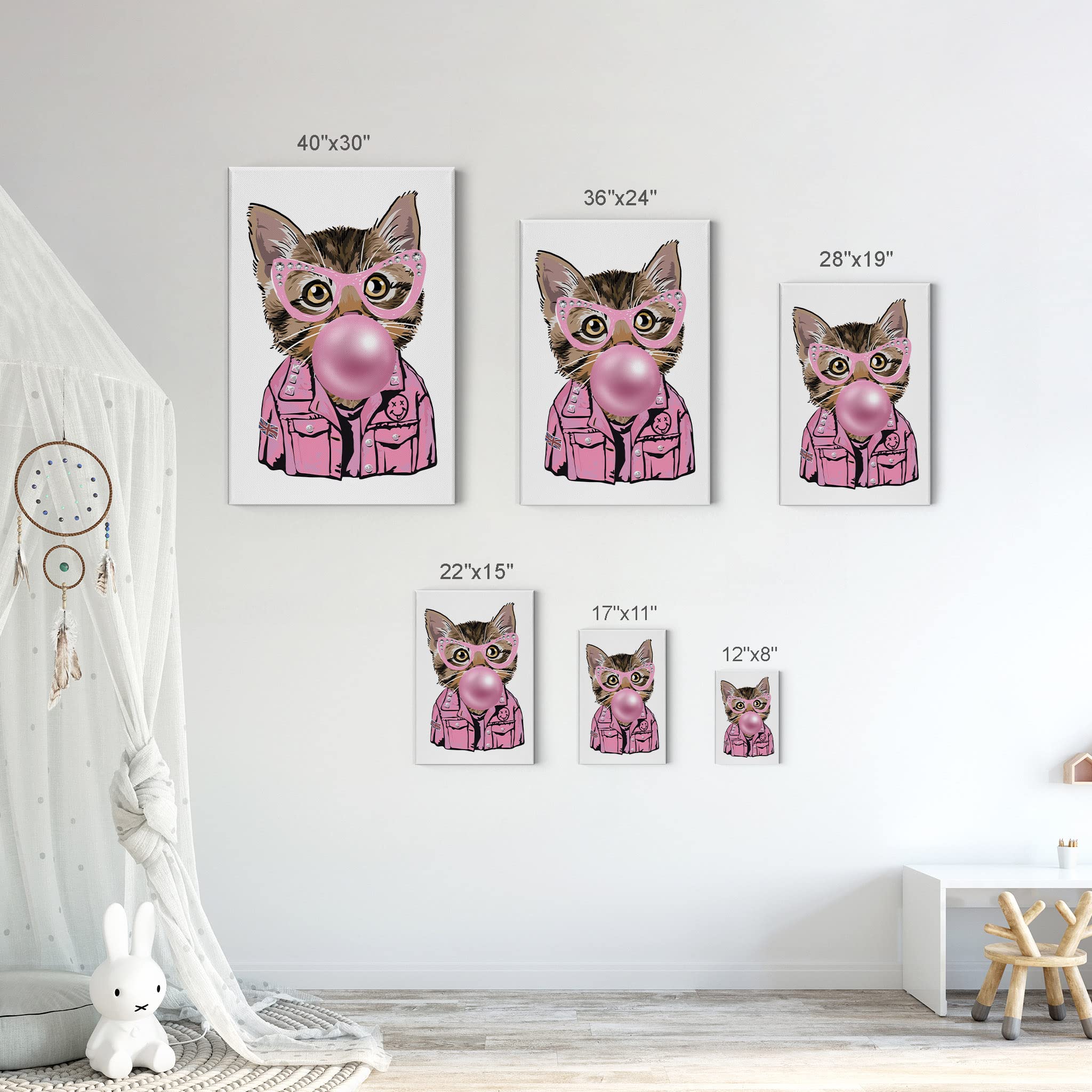 Smile Art Design Cat Portrait in Jacket & Sunglasses Chewing Bubble Gum - Canvas Wall Art Print for Pet Lovers, Pop Art Decor for Living Room, Bedroom, Nursery - Perfect Gift for Cat Owners (22x15 Inches)