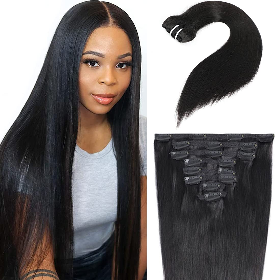 14 Inch Clip In Human Hair Extensions for Black Women - Unprocessed 10A Grade Soft Silky Straight Hair - Natural Color for Everyday Wear & Special Occasions