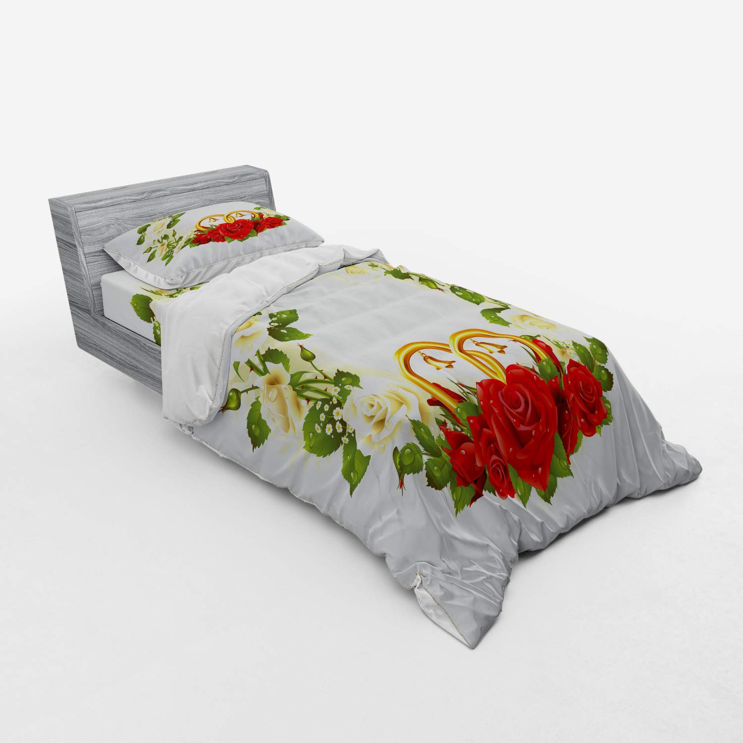 Ambesonne Wedding Bedding Set - 3 Piece Duvet Cover with Sham & Fitted Sheet, Twin Size White Green Red Floral Design with Roses & Wedding Rings | Romantic Couples Gift for Anniversary, Honeymoon & Bridal Shower