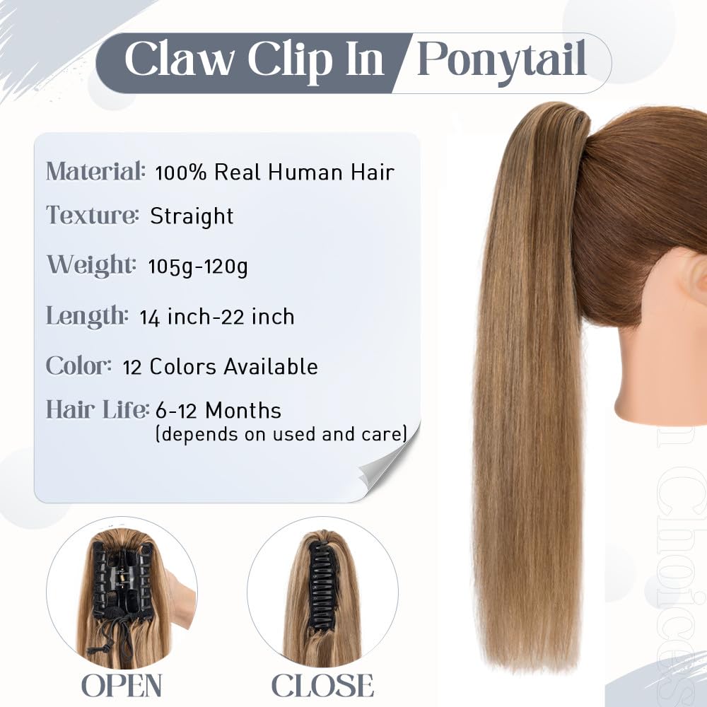Rich Choices Clip-In Human Hair Ponytail Extension - 22 Inch Real Hair Ponytail with Balayage Medium Brown & Dark Blonde Highlights (120g) - Perfect for Women's Everyday Styling, Parties & Special Occasions
