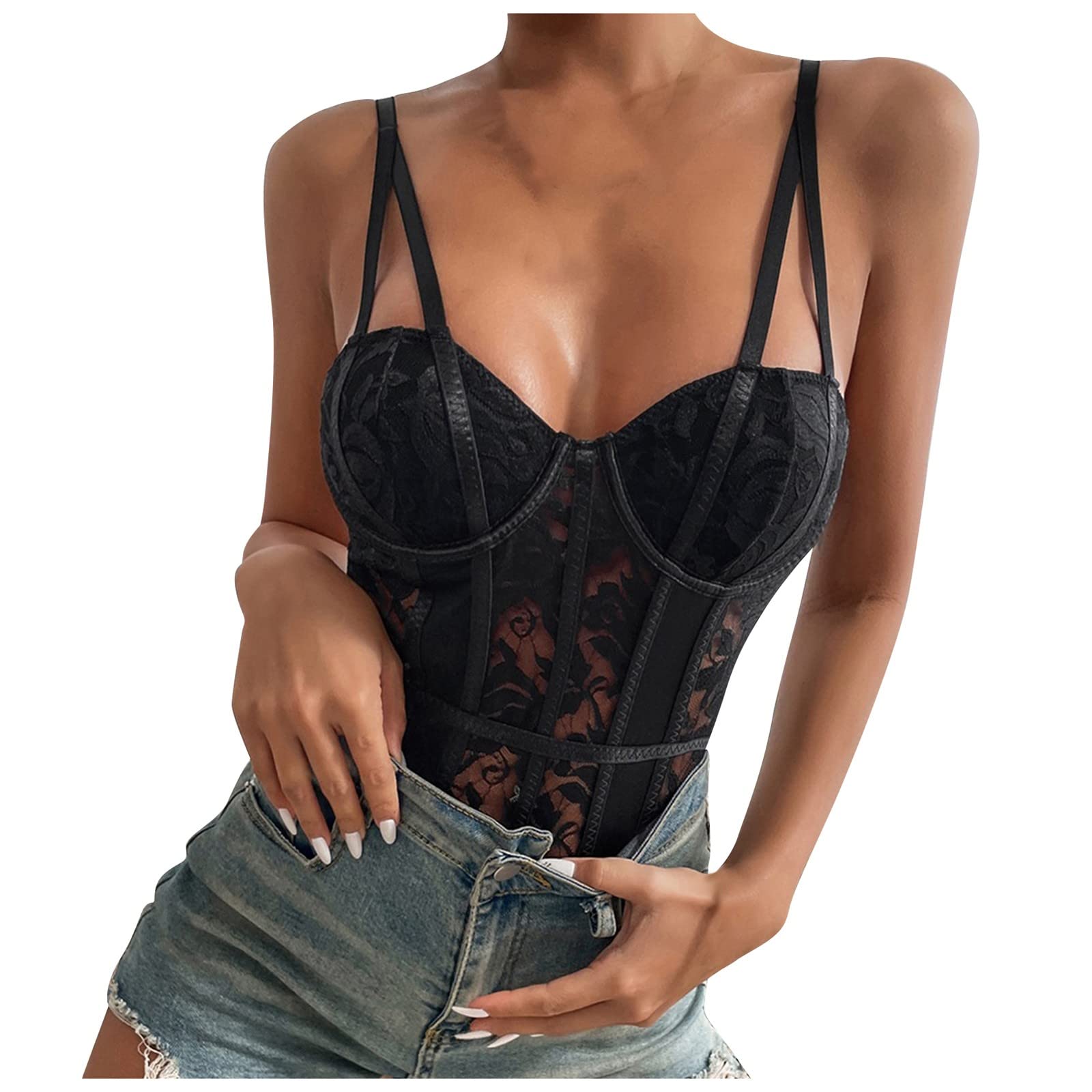 Sexy Adjustable Corset Top for Women - Lace Bustier Bodysuit with Mesh Lingerie Design, White Tank Top for Going Out, Perfect for Beach Swimsuits, Night Parties and Date Nights