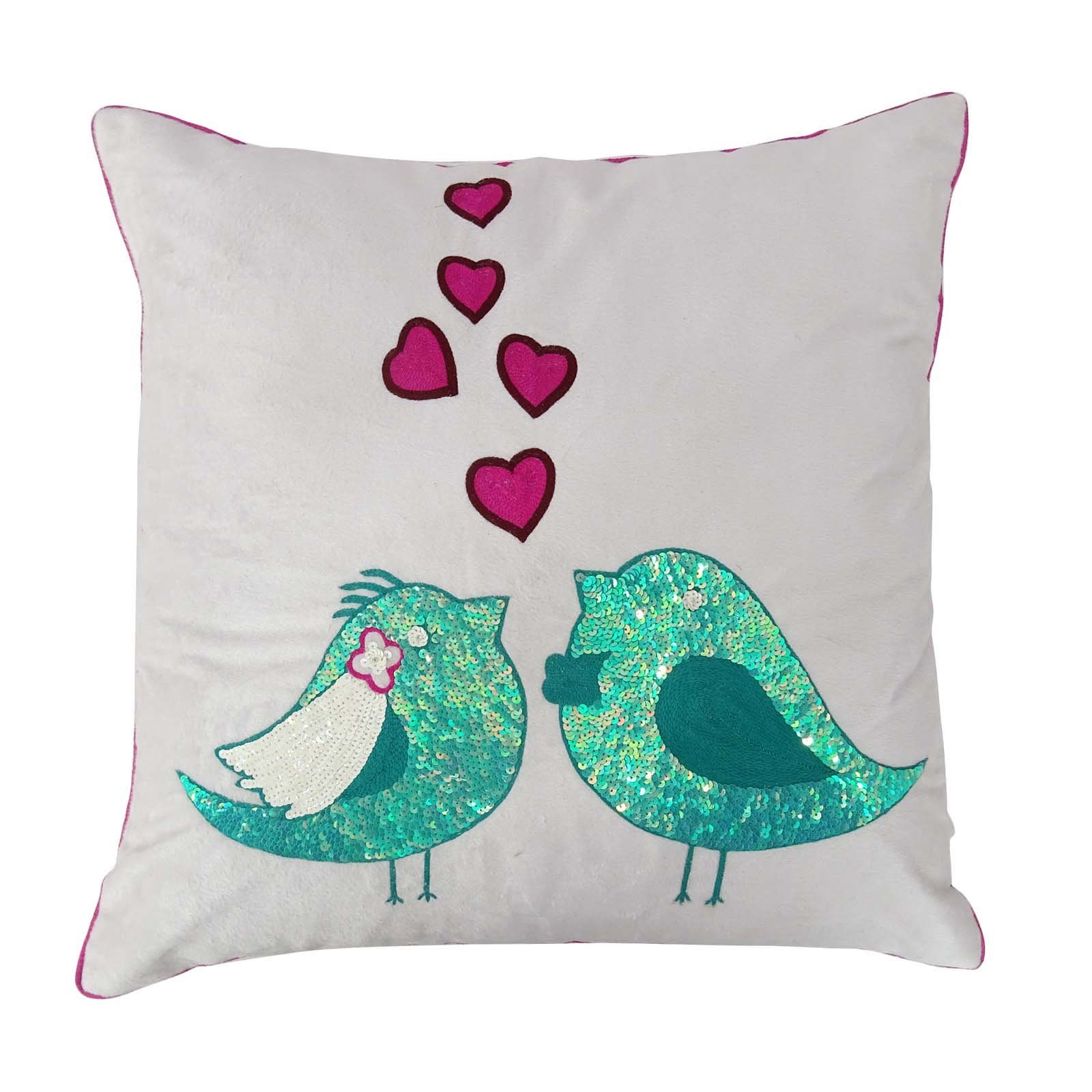 Handmade Love Birds Decorative Pillow Cover - 18x18 Inch Dupion Silk Square Cushion Case for Sofa, Bed & Home Decor - Perfect Housewarming Gift for Bird Lovers
