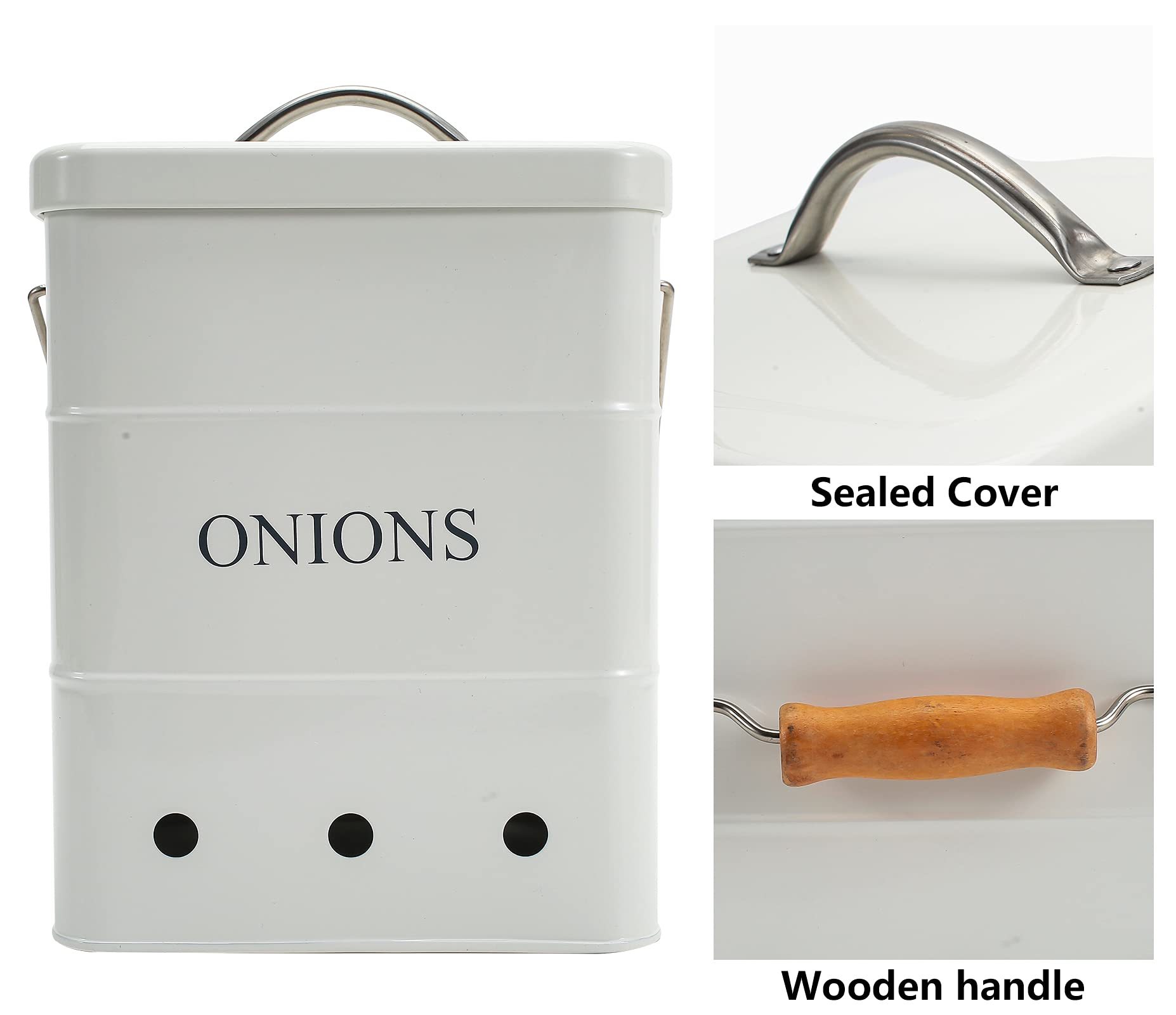 Airtight Onion Storage Bin with Lid & Handles - Kitchen Pantry Organizer for Vegetables - White Tin Canister with Aerating Holes | Perfect for Fresh Produce Storage in Pantry, Kitchen & Countertop Organization